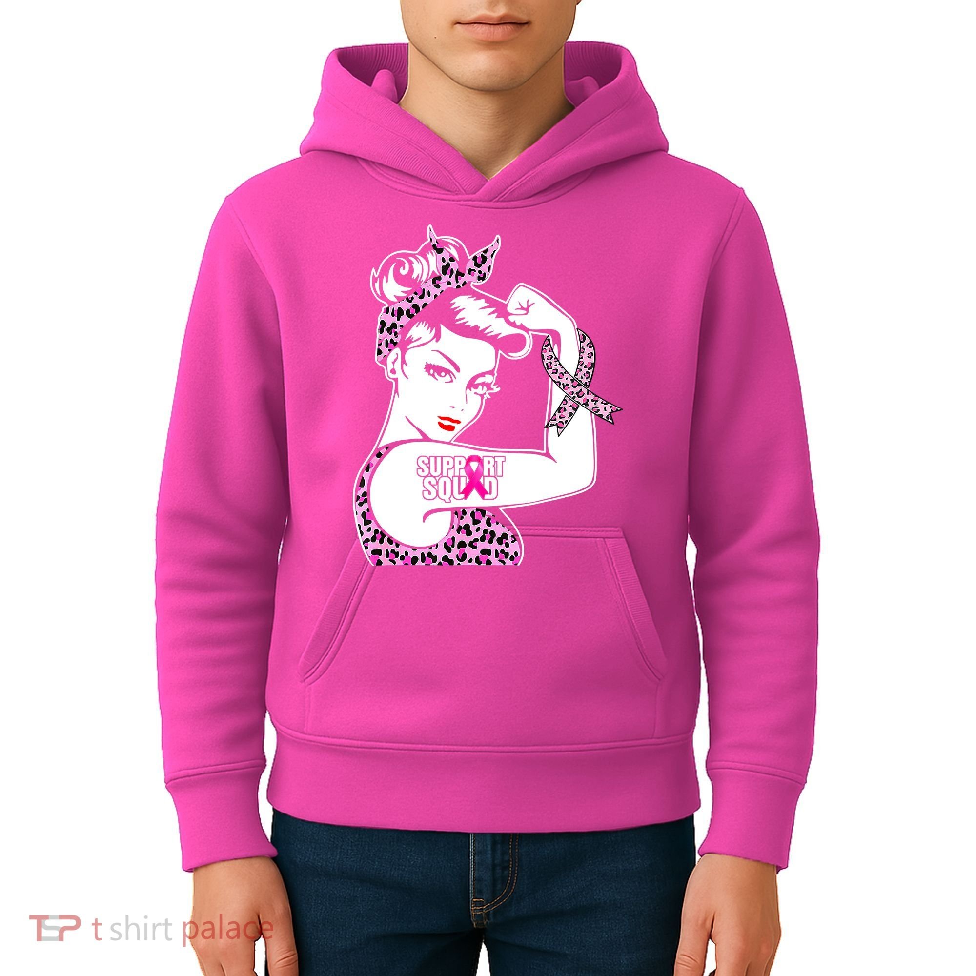 Support Squad Breast Cancer Warrior Pink Ribbon Leopard Kids Hoodie