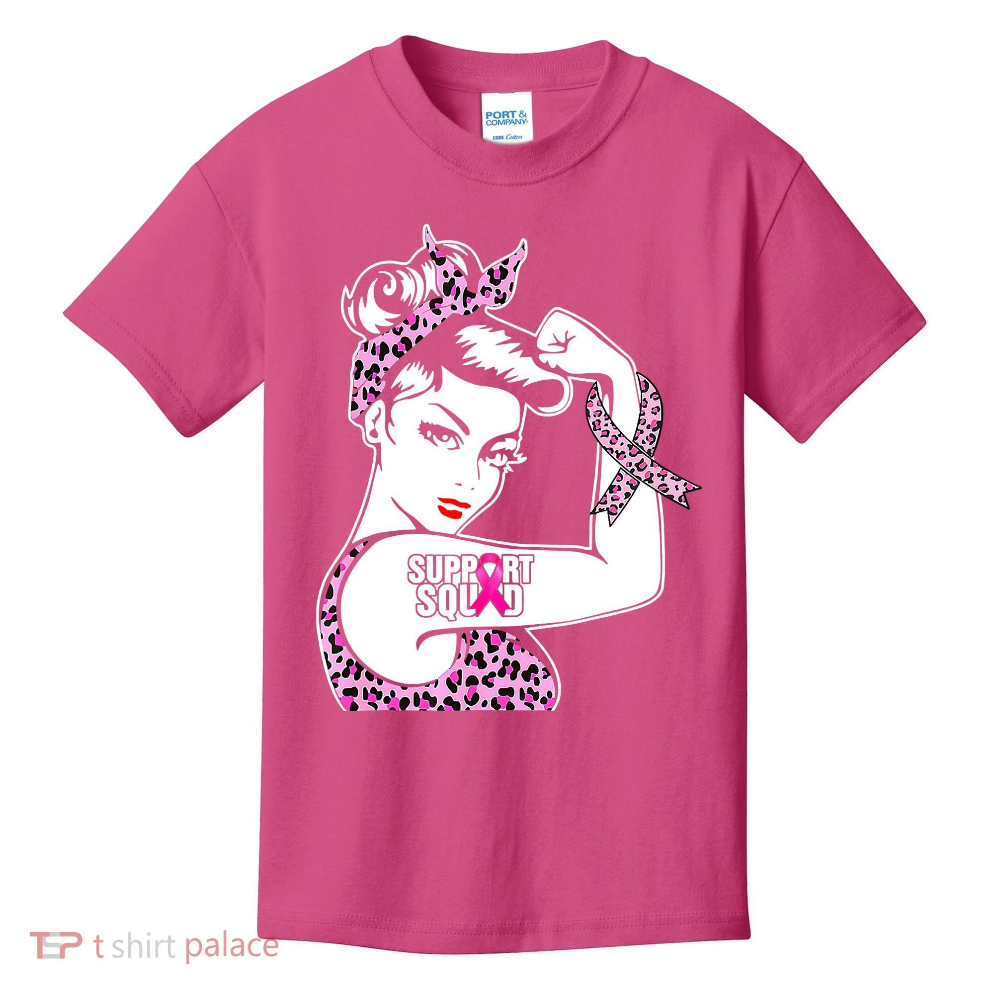 Support Squad Breast Cancer Warrior Pink Ribbon Leopard Kids T-Shirt