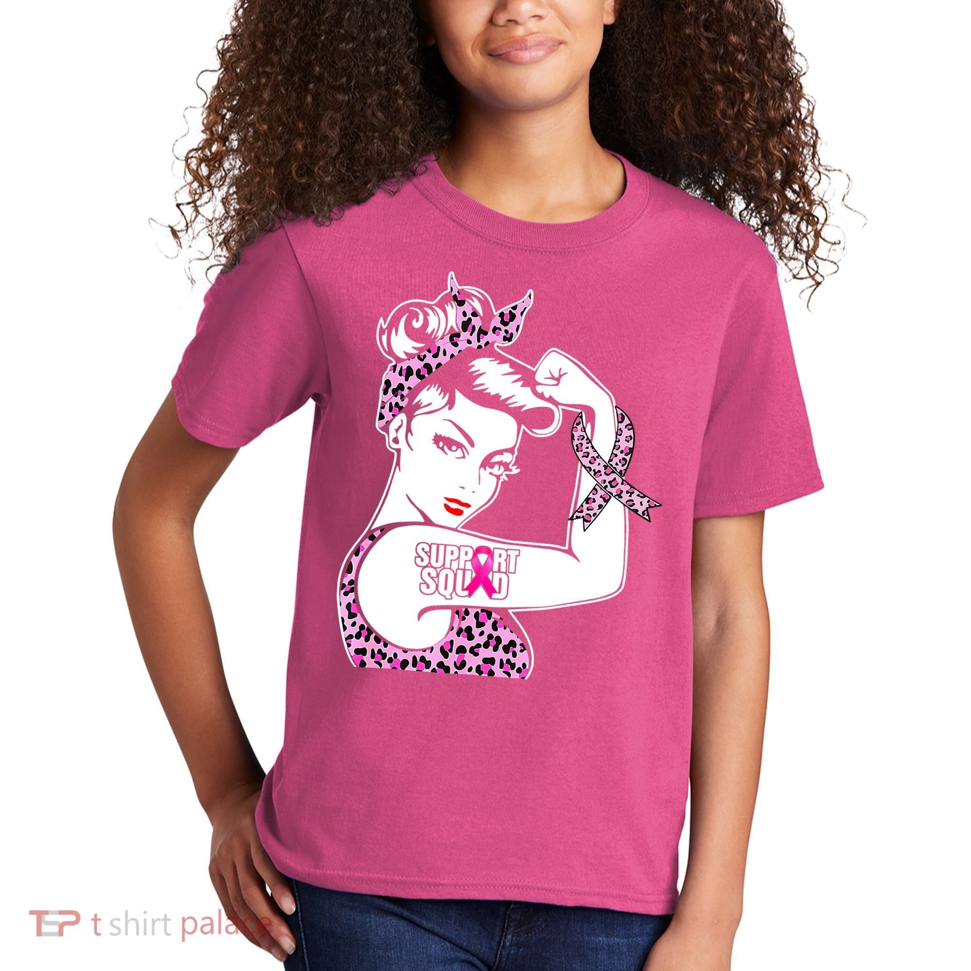 Support Squad Breast Cancer Warrior Pink Ribbon Leopard Kids T-Shirt