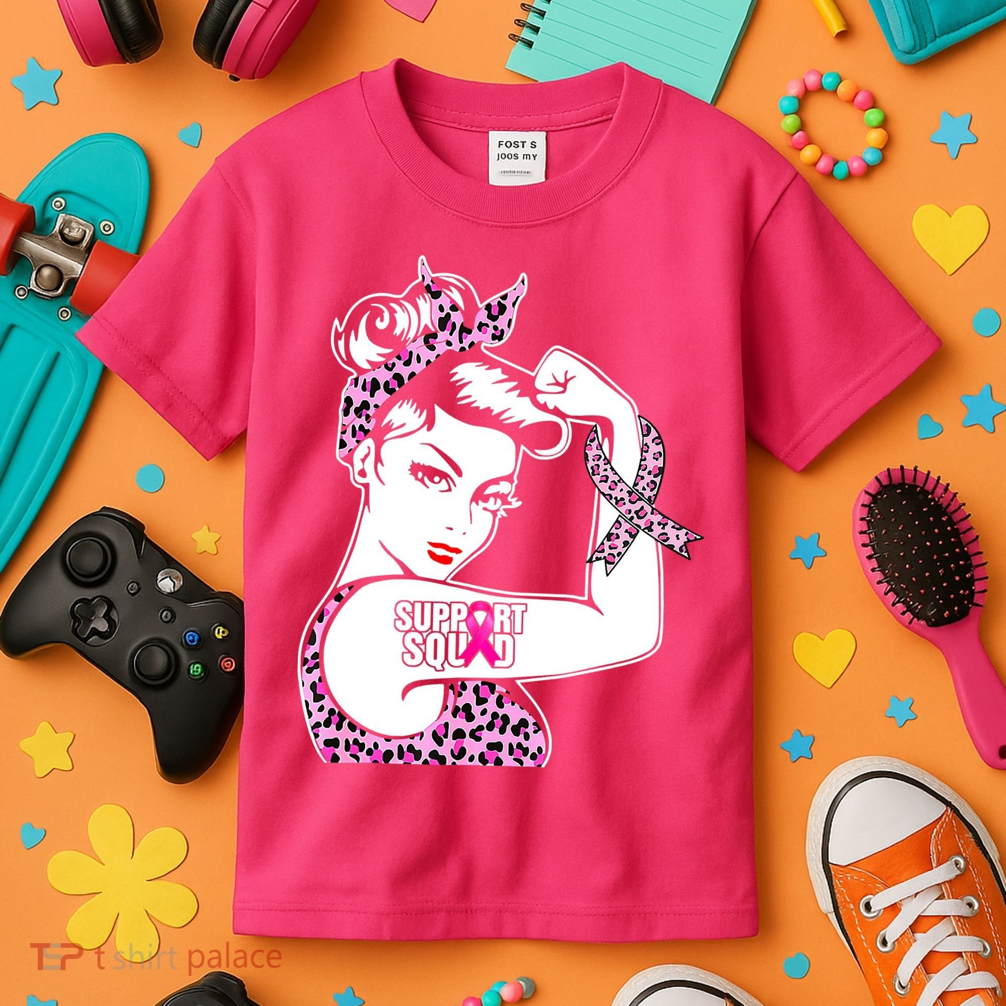 Support Squad Breast Cancer Warrior Pink Ribbon Leopard Kids T-Shirt