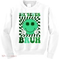 Six Seven Bruh Shamrock 67 Meme St Patrick's Day Kids Sweatshirt thumb 0