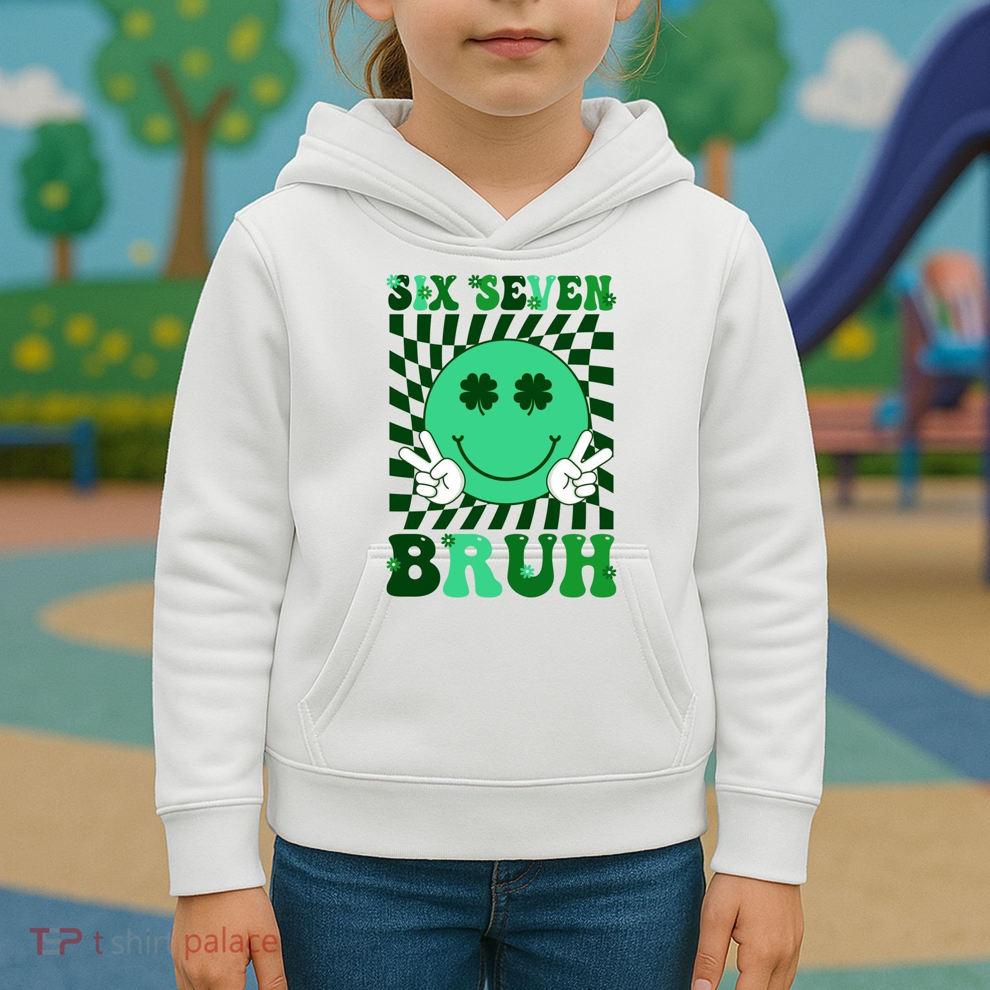 Six Seven Bruh Shamrock 67 Meme St Patrick's Day Kids Hoodie