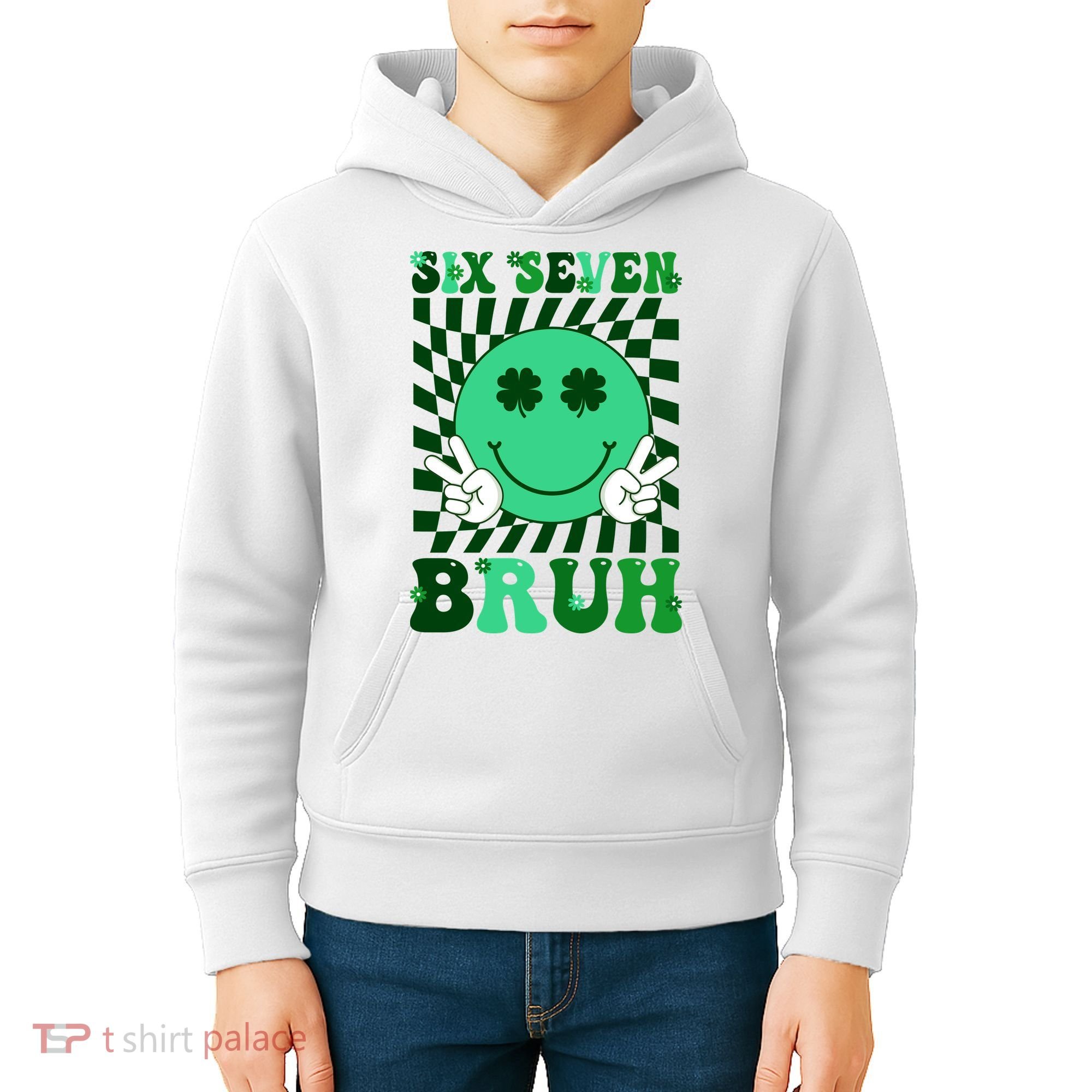 Six Seven Bruh Shamrock 67 Meme St Patrick's Day Kids Hoodie