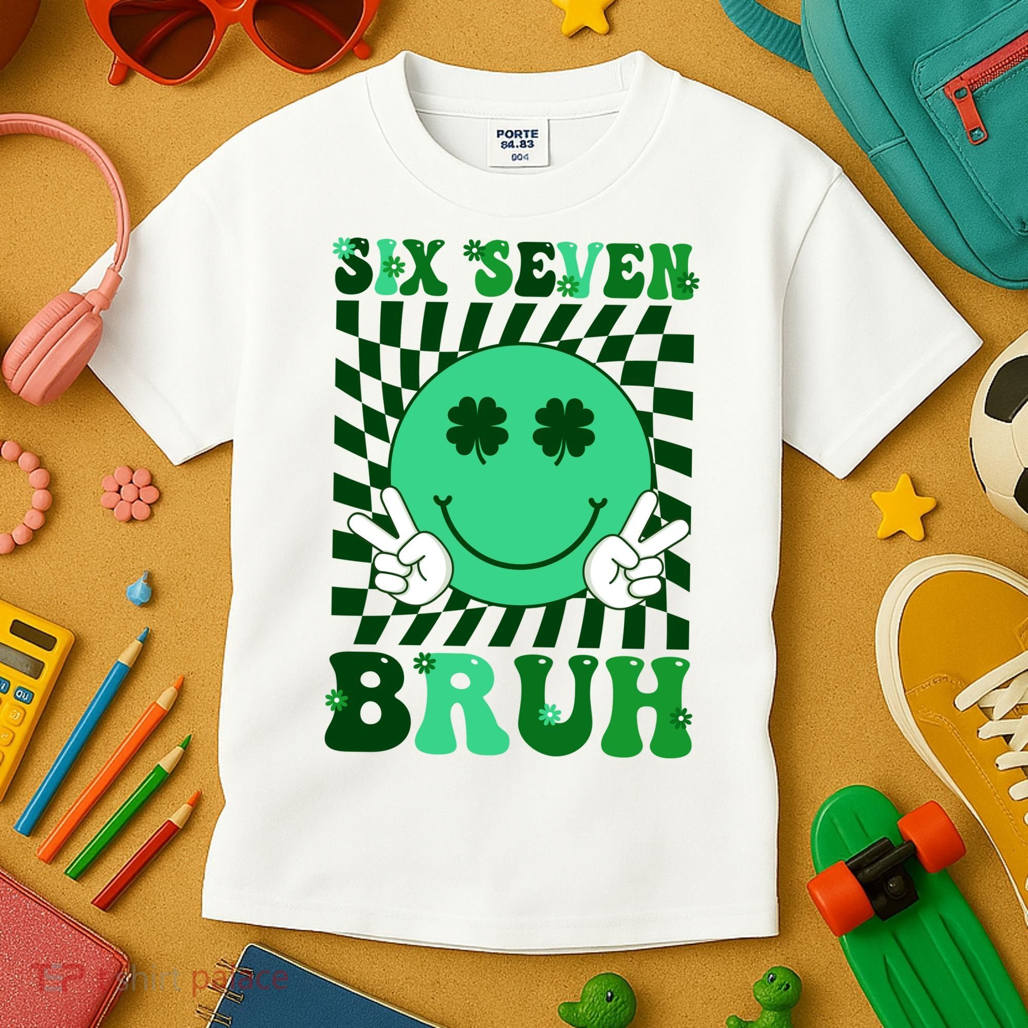 Six Seven Bruh Shamrock 67 Meme St Patrick's Day Kids T-Shirt