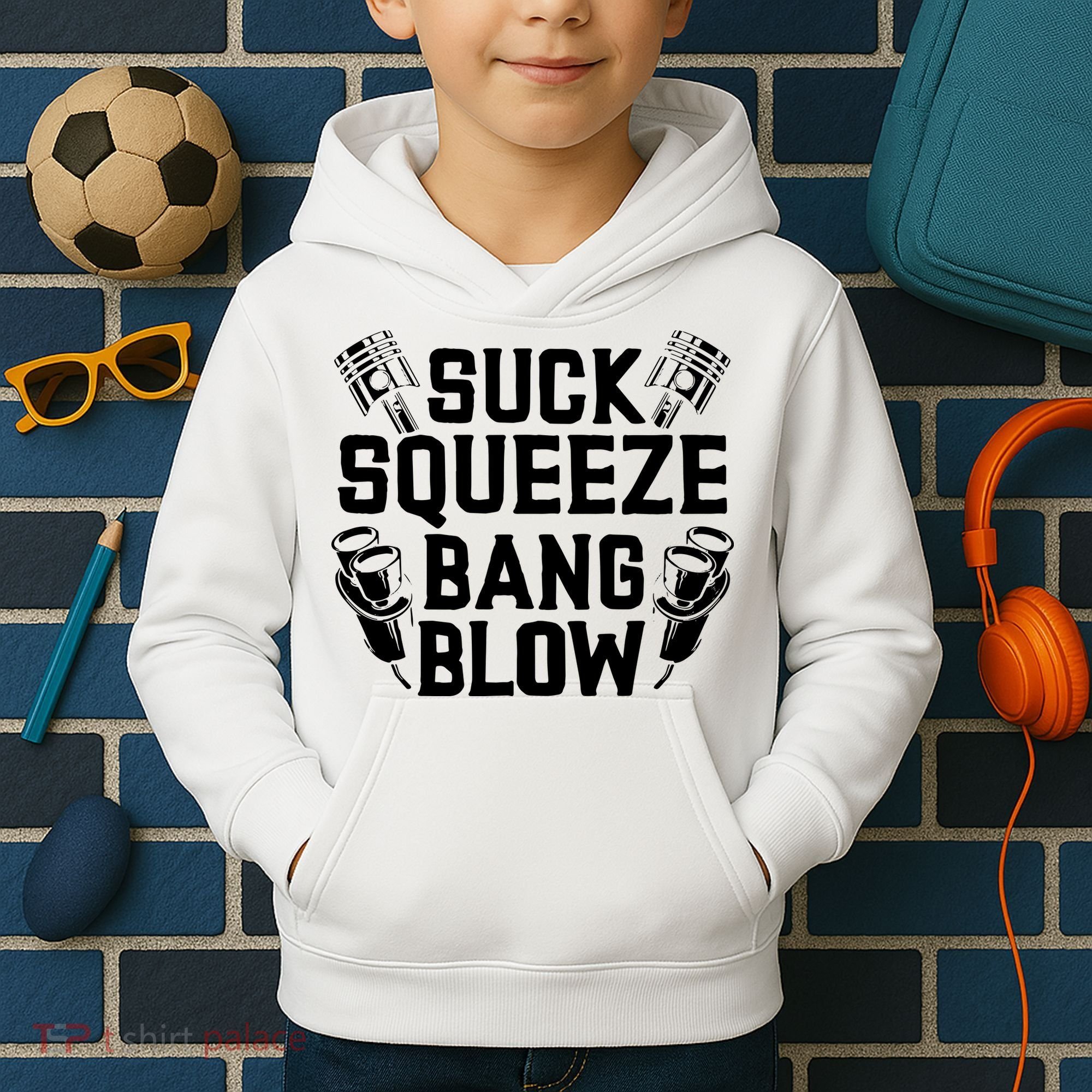 Suck Squeeze Bang Blow Funny Mechanic Kids Hoodie