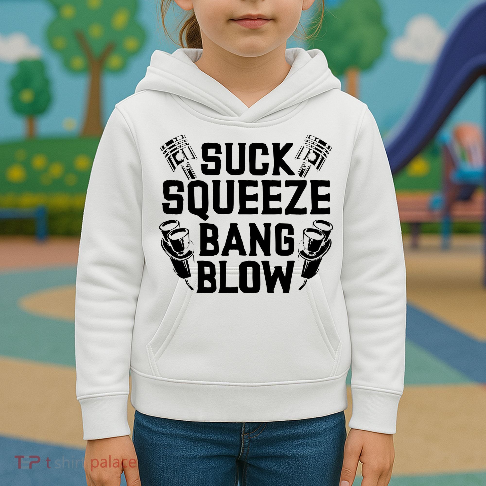 Suck Squeeze Bang Blow Funny Mechanic Kids Hoodie
