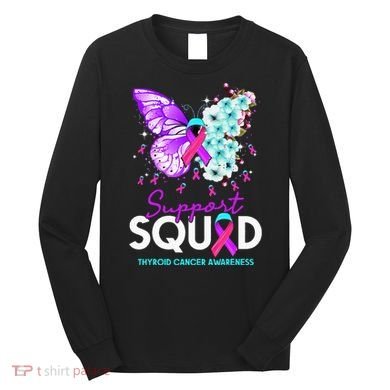 Support Squad Butterfly Teal Pink Ribbon Thyroid Cancer Long Sleeve Shirt