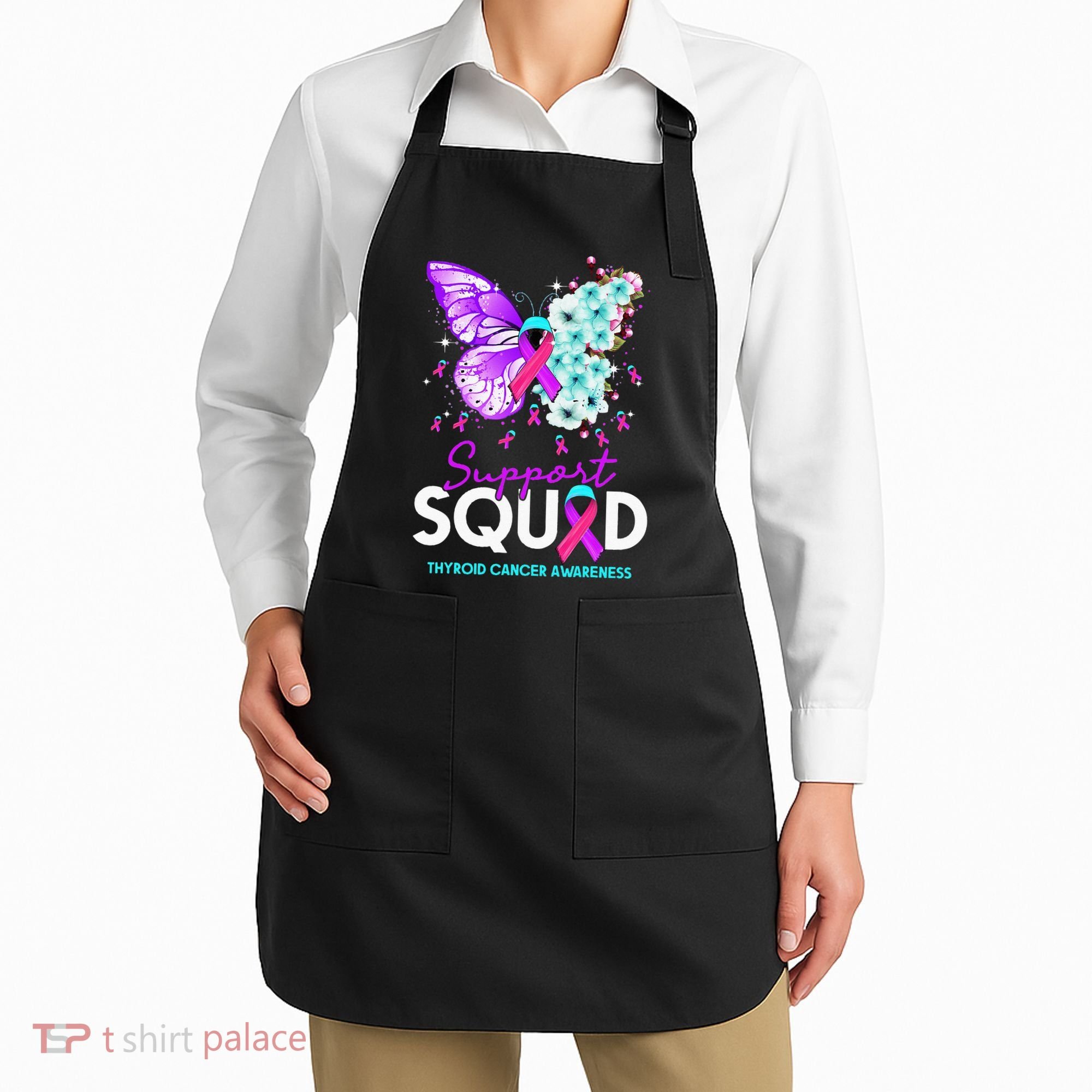 Support Squad Butterfly Teal Pink Ribbon Thyroid Cancer Apron