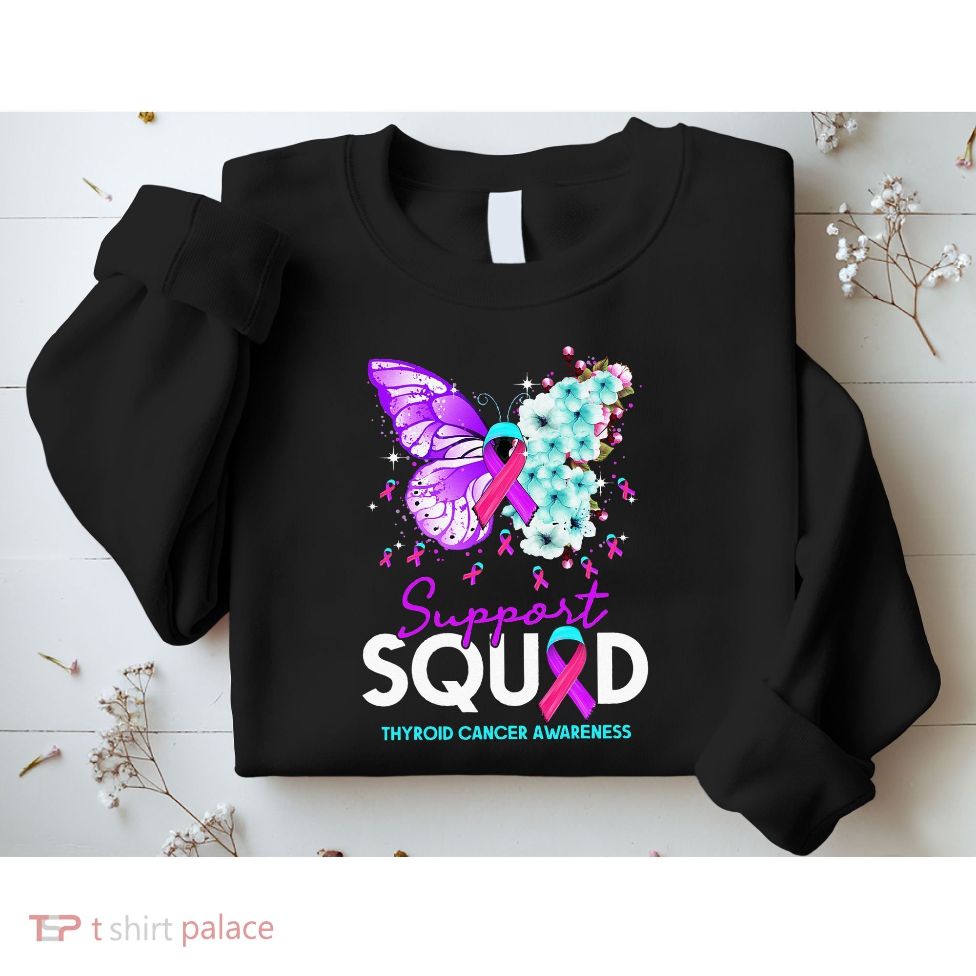 Support Squad Butterfly Teal Pink Ribbon Thyroid Cancer Sweatshirt