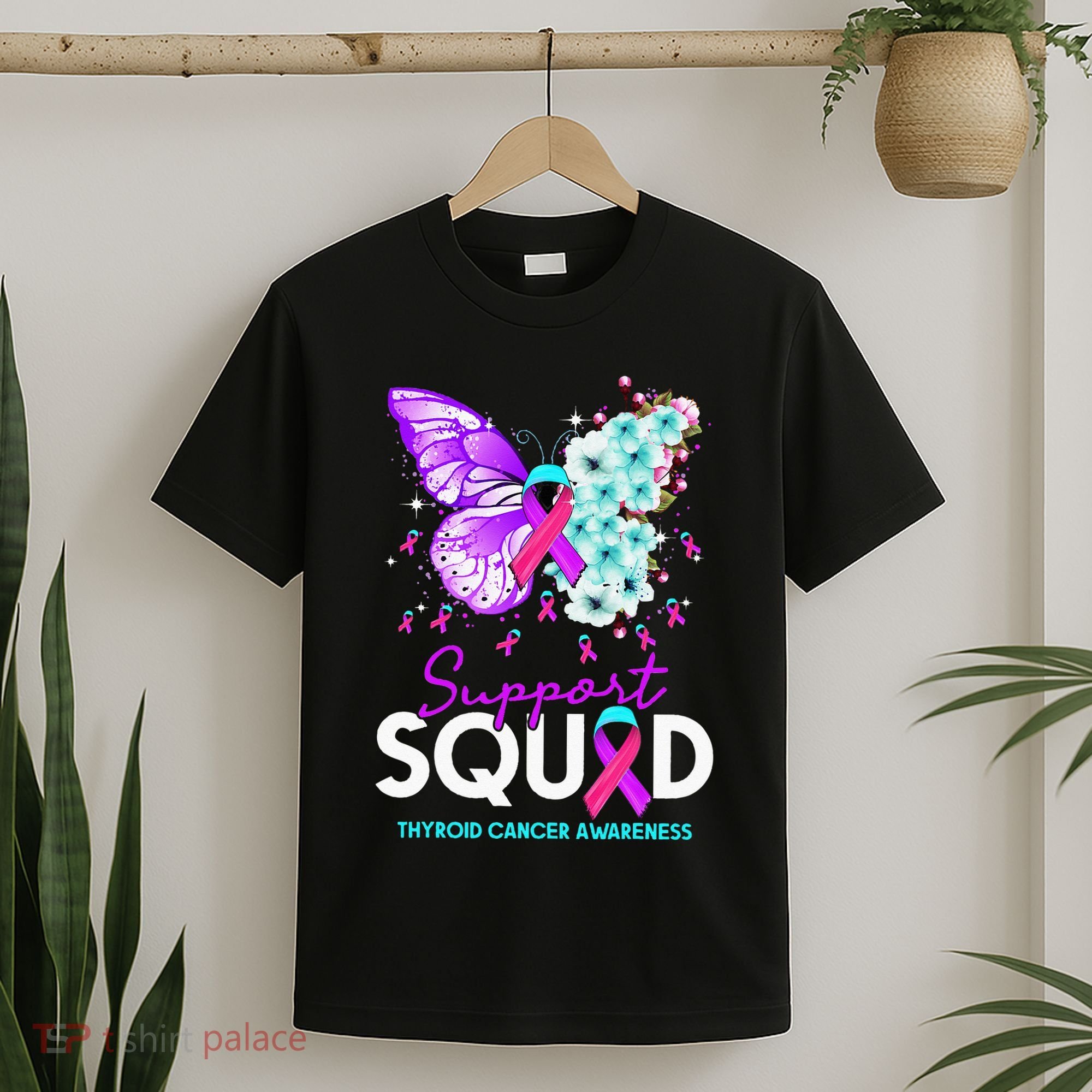 Support Squad Butterfly Teal Pink Ribbon Thyroid Cancer T-Shirt
