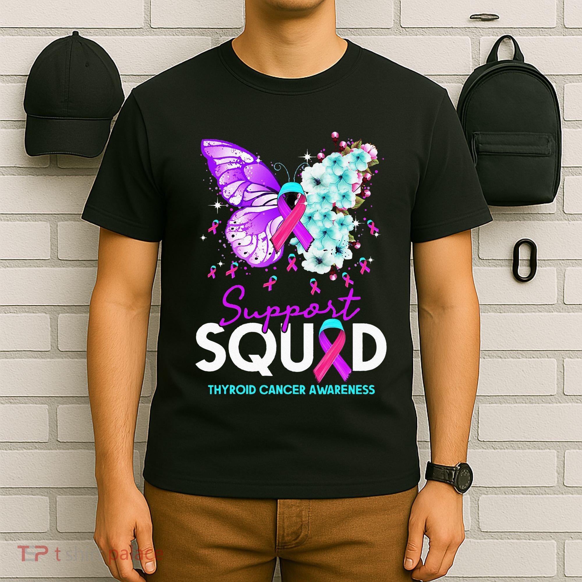 Support Squad Butterfly Teal Pink Ribbon Thyroid Cancer T-Shirt