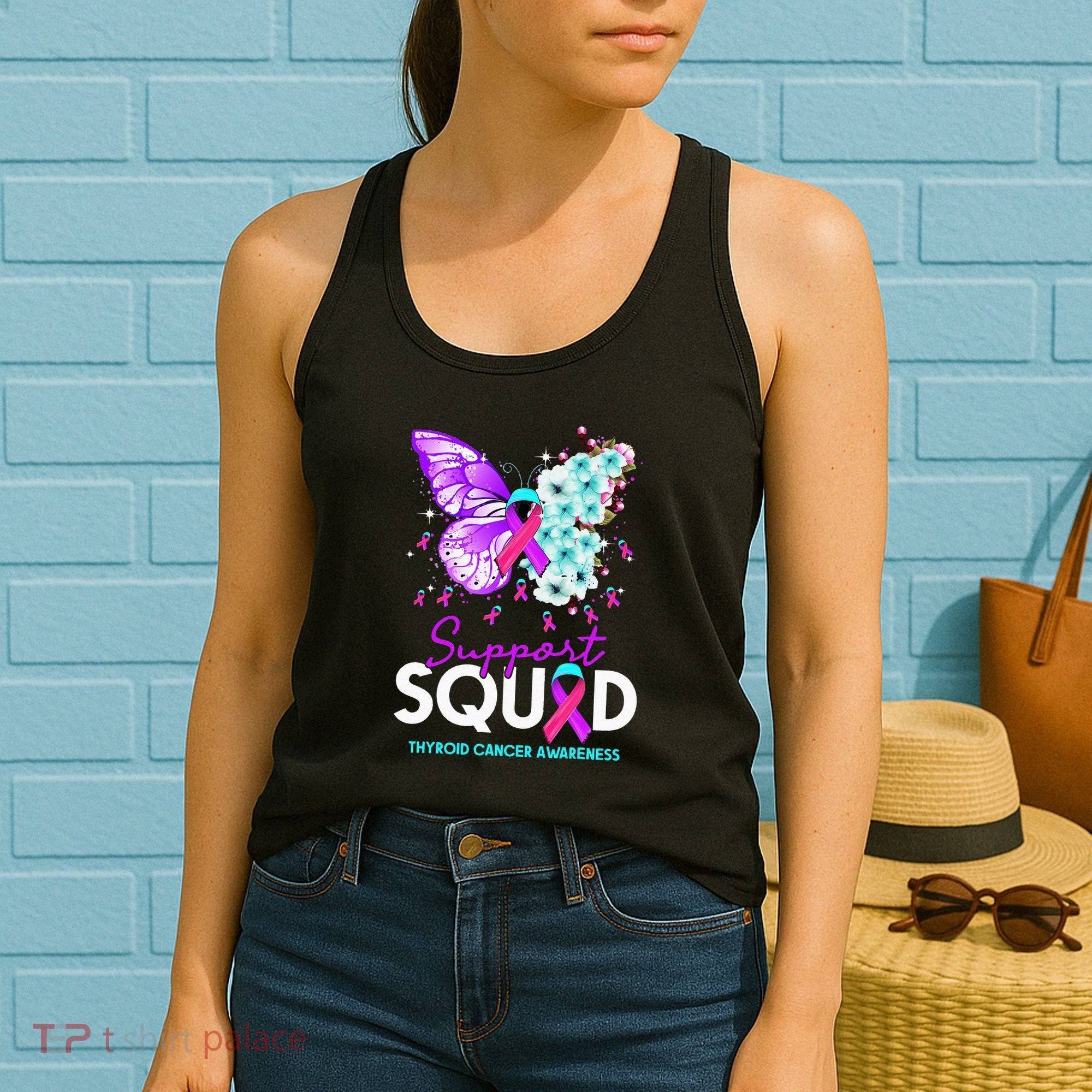 Support Squad Butterfly Teal Pink Ribbon Thyroid Cancer Women's Tank Top