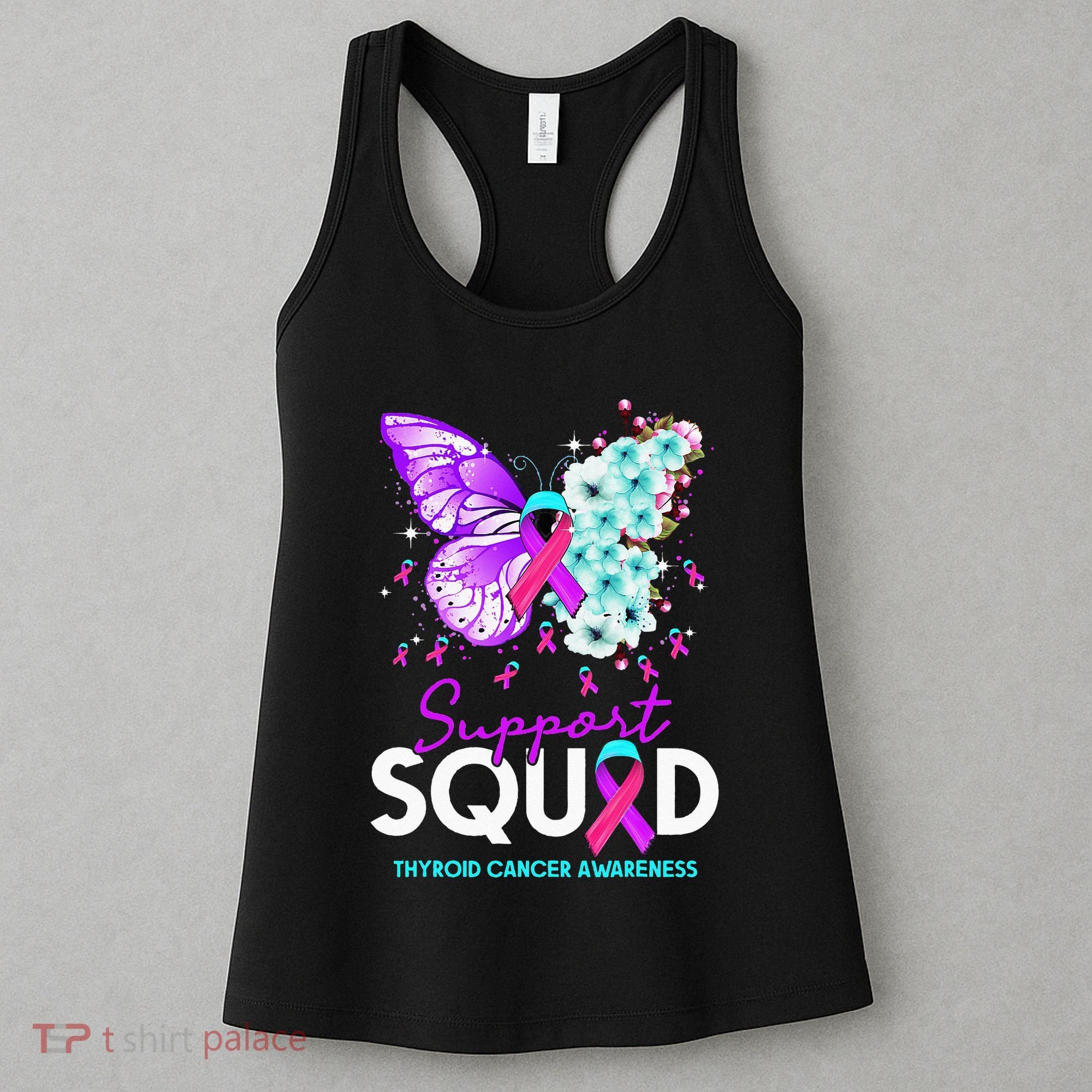 Support Squad Butterfly Teal Pink Ribbon Thyroid Cancer Women's Tank Top