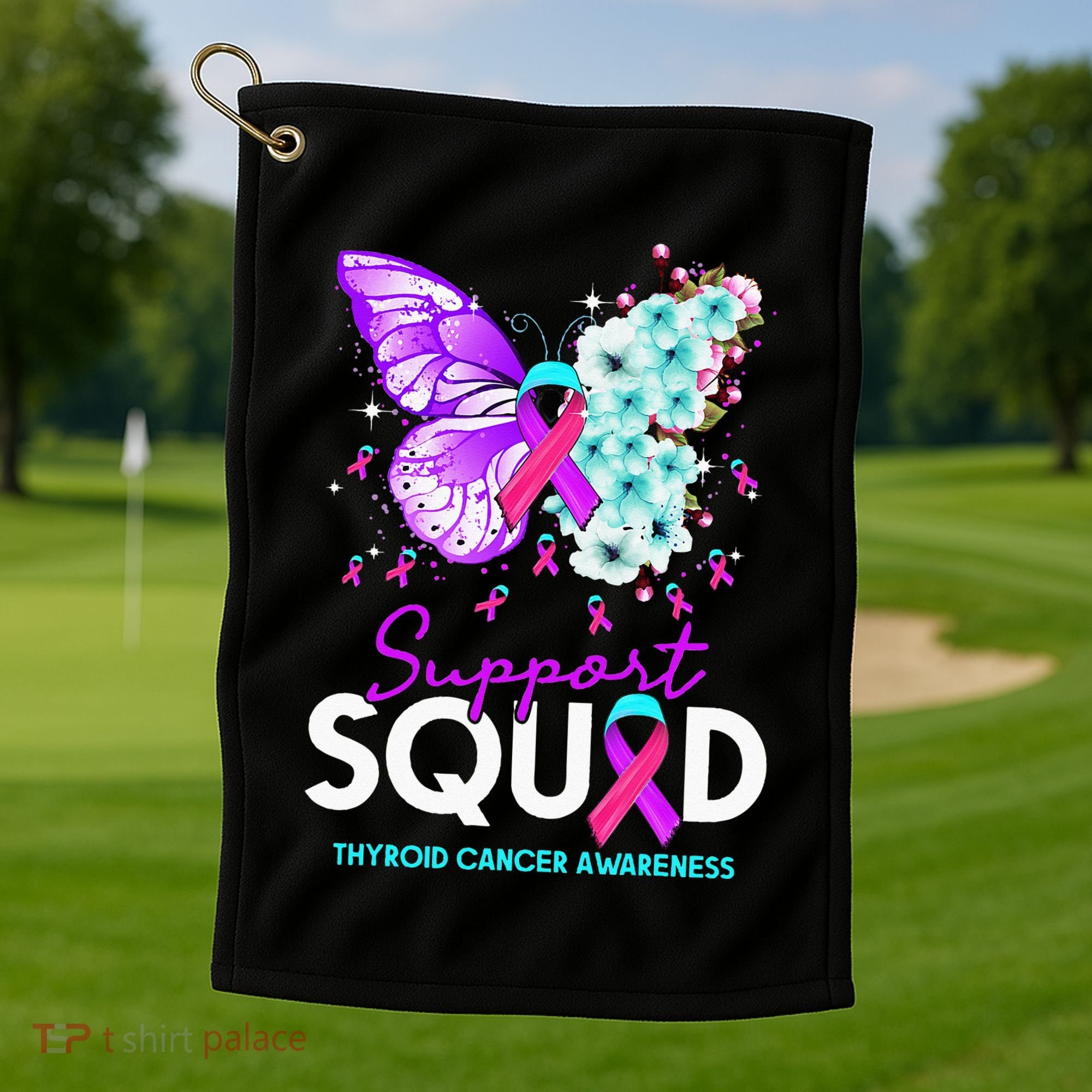Support Squad Butterfly Teal Pink Ribbon Thyroid Cancer Golf Towel