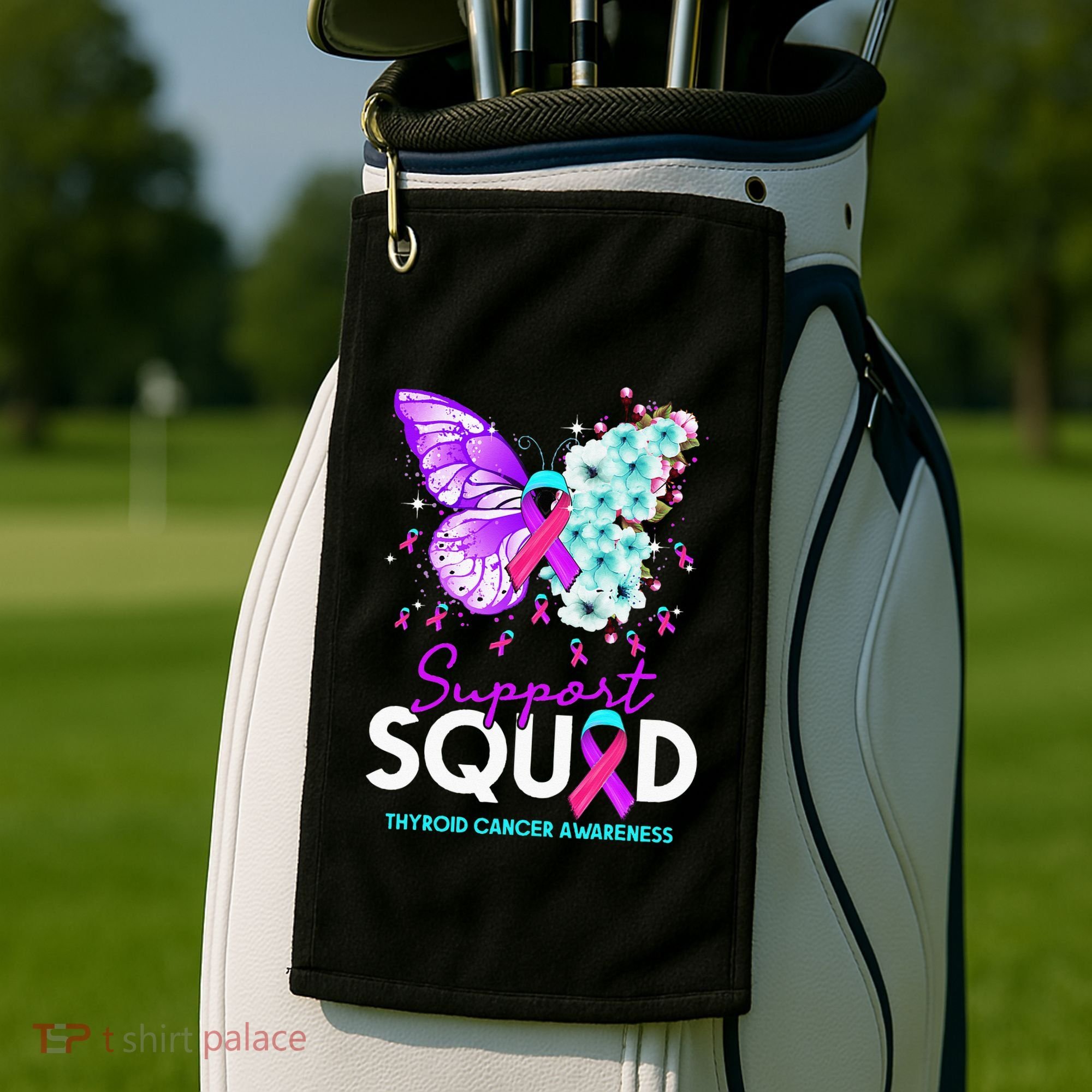 Support Squad Butterfly Teal Pink Ribbon Thyroid Cancer Golf Towel