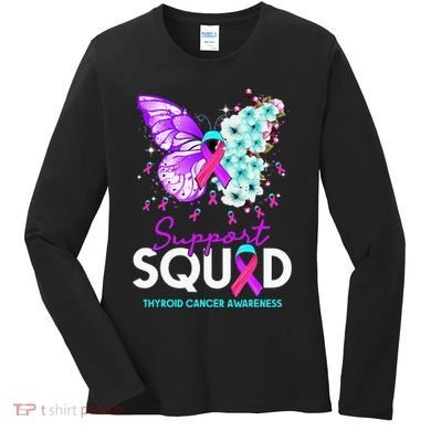 Support Squad Butterfly Teal Pink Ribbon Thyroid Cancer Women's Long Sleeve Shirt