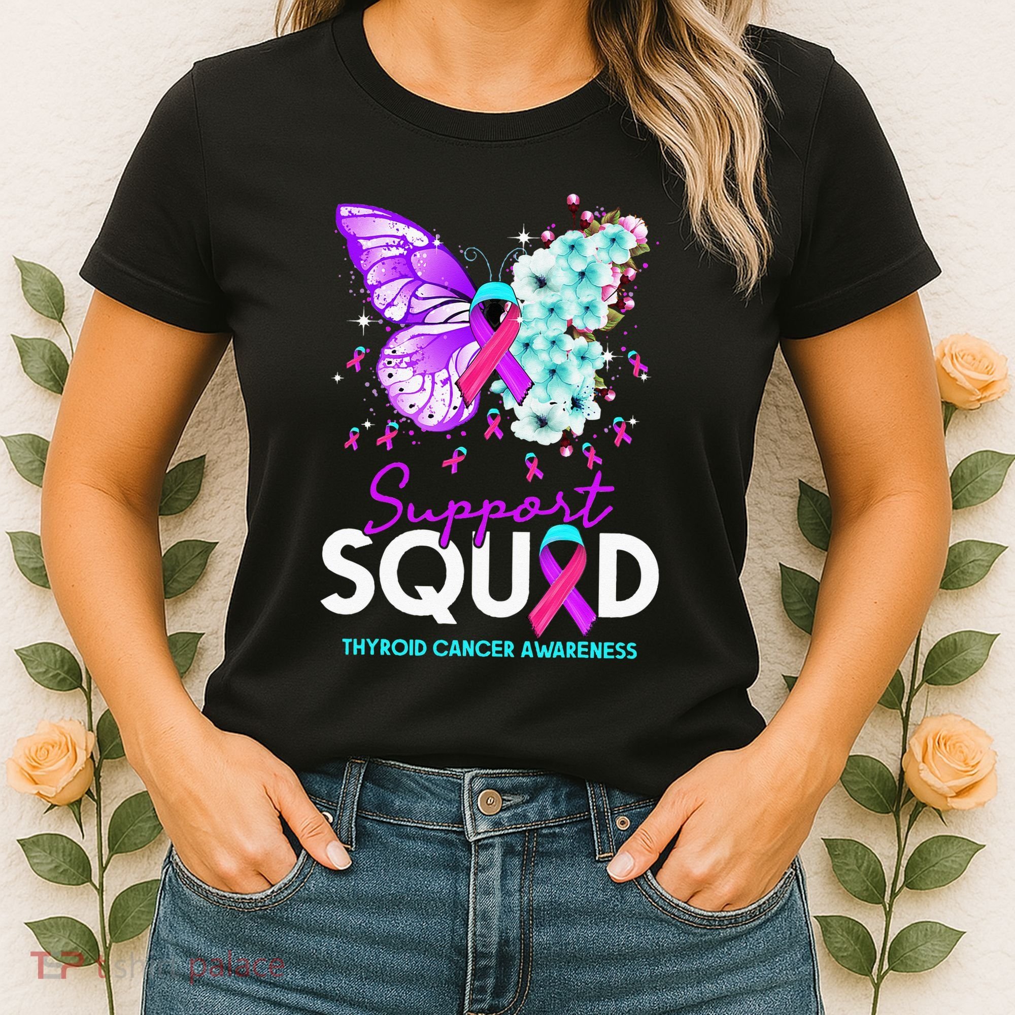 Support Squad Butterfly Teal Pink Ribbon Thyroid Cancer Women's T-Shirt