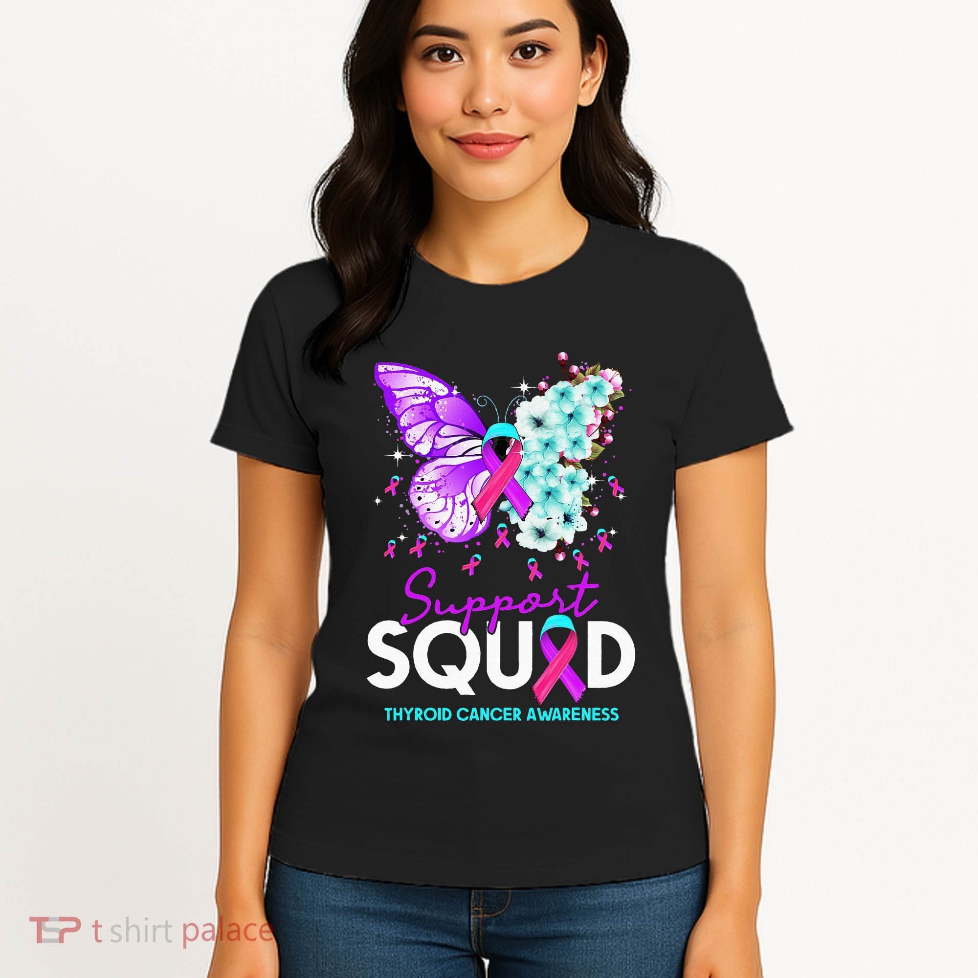 Support Squad Butterfly Teal Pink Ribbon Thyroid Cancer Women's T-Shirt