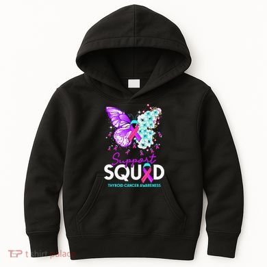 Support Squad Butterfly Teal Pink Ribbon Thyroid Cancer Kids Hoodie
