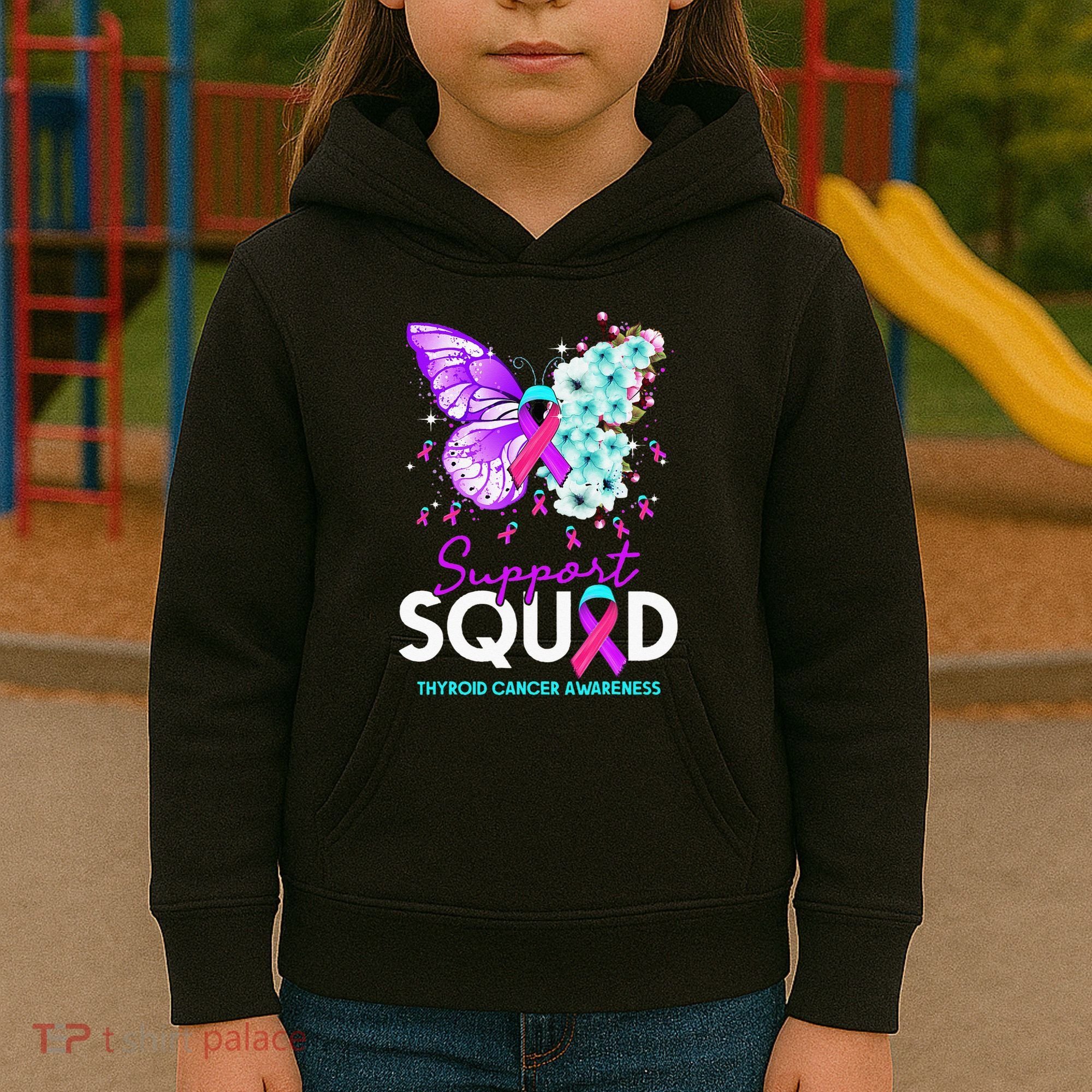 Support Squad Butterfly Teal Pink Ribbon Thyroid Cancer Kids Hoodie