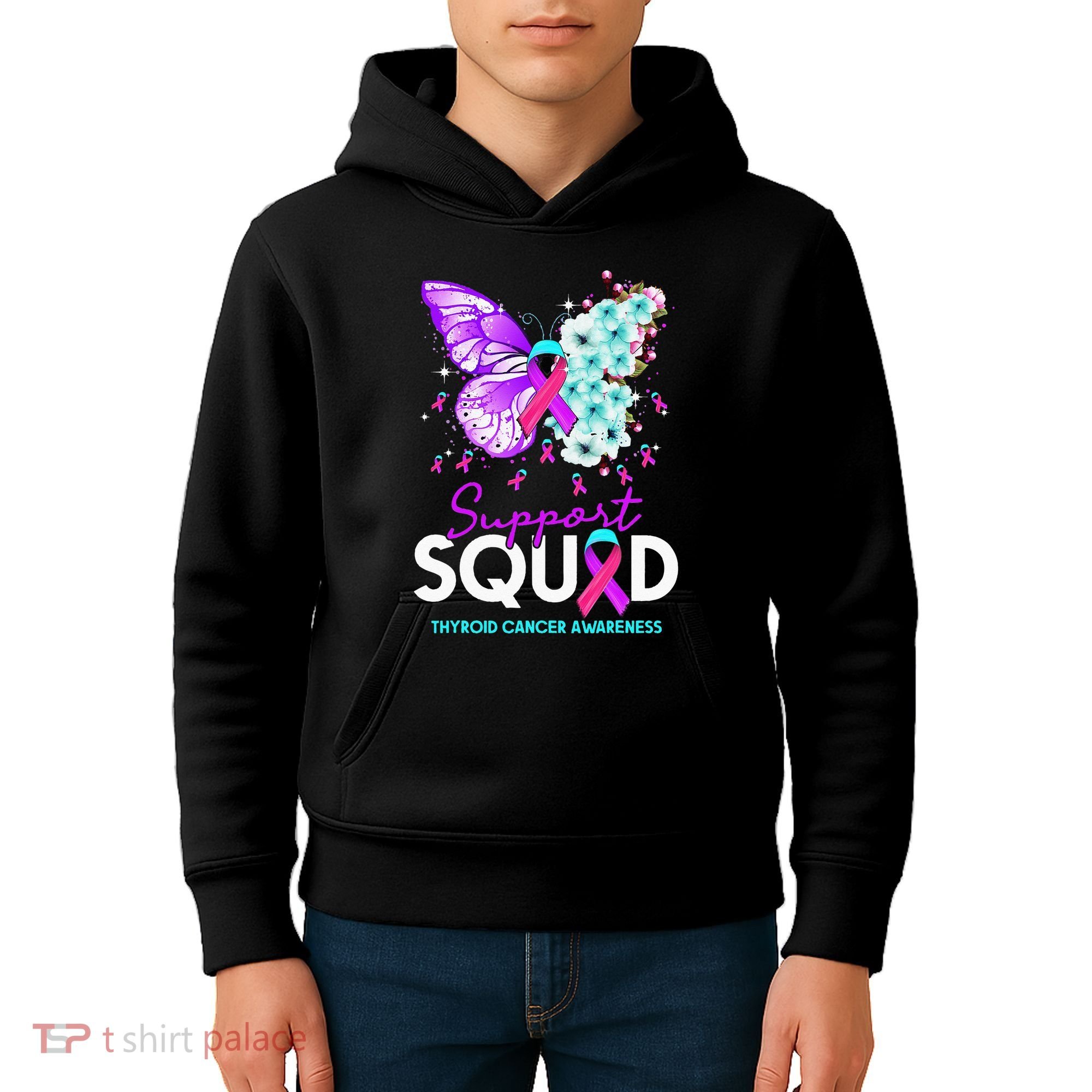 Support Squad Butterfly Teal Pink Ribbon Thyroid Cancer Kids Hoodie