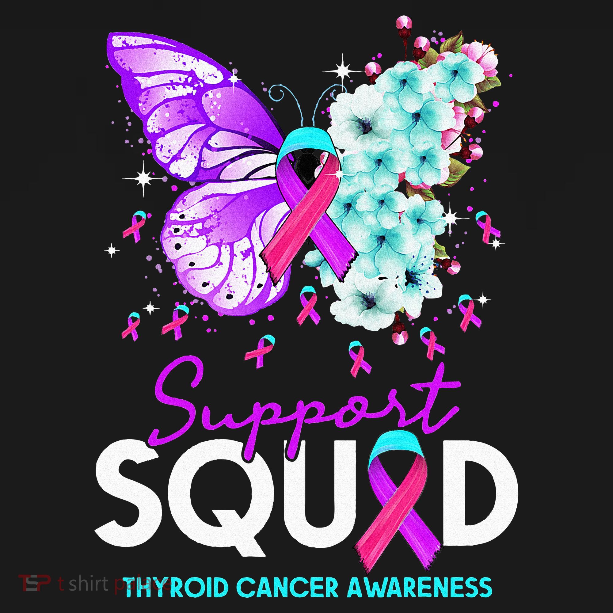 Support Squad Butterfly Teal Pink Ribbon Thyroid Cancer Kids Hoodie