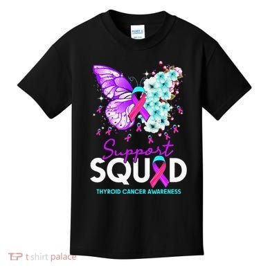 Support Squad Butterfly Teal Pink Ribbon Thyroid Cancer Kids T-Shirt