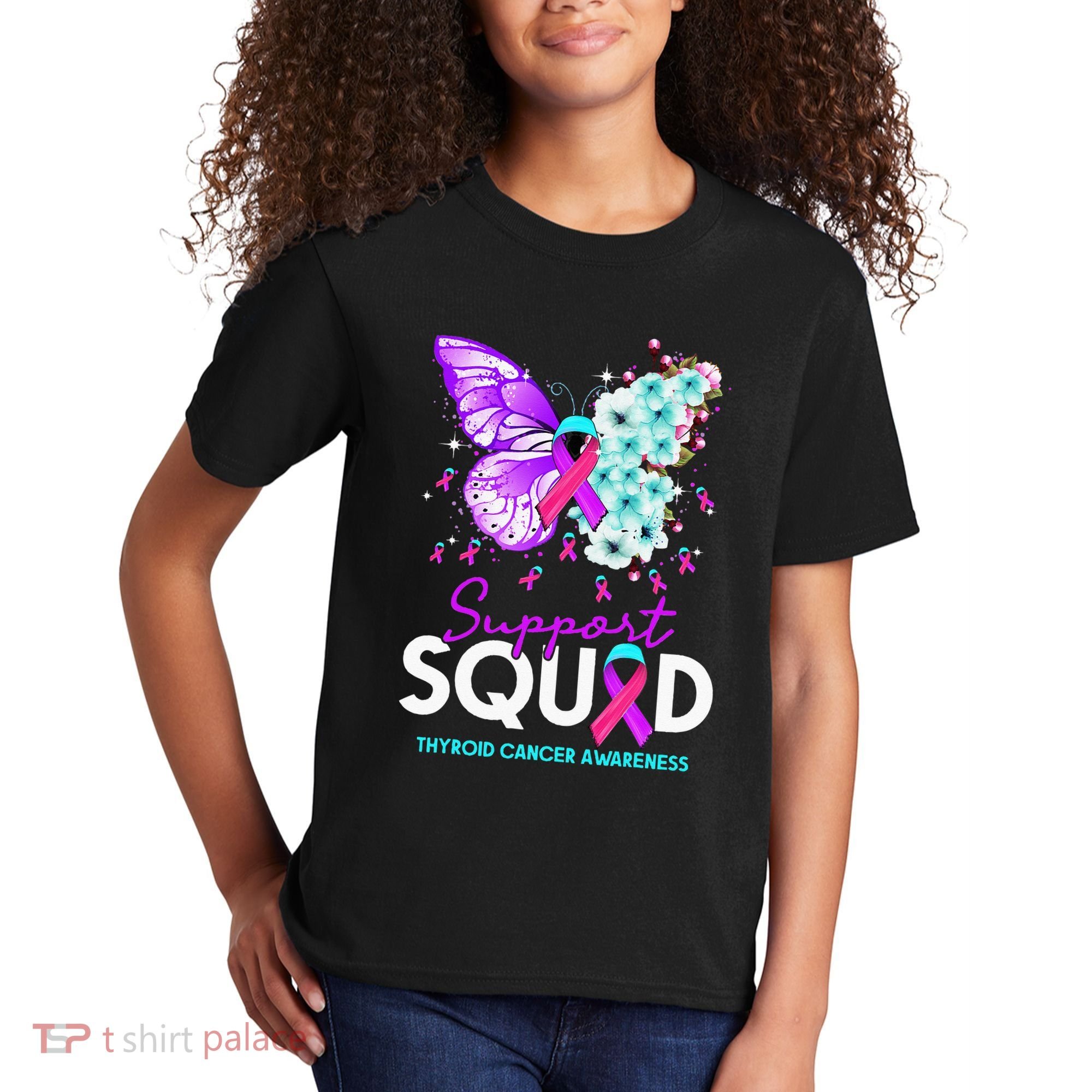 Support Squad Butterfly Teal Pink Ribbon Thyroid Cancer Kids T-Shirt