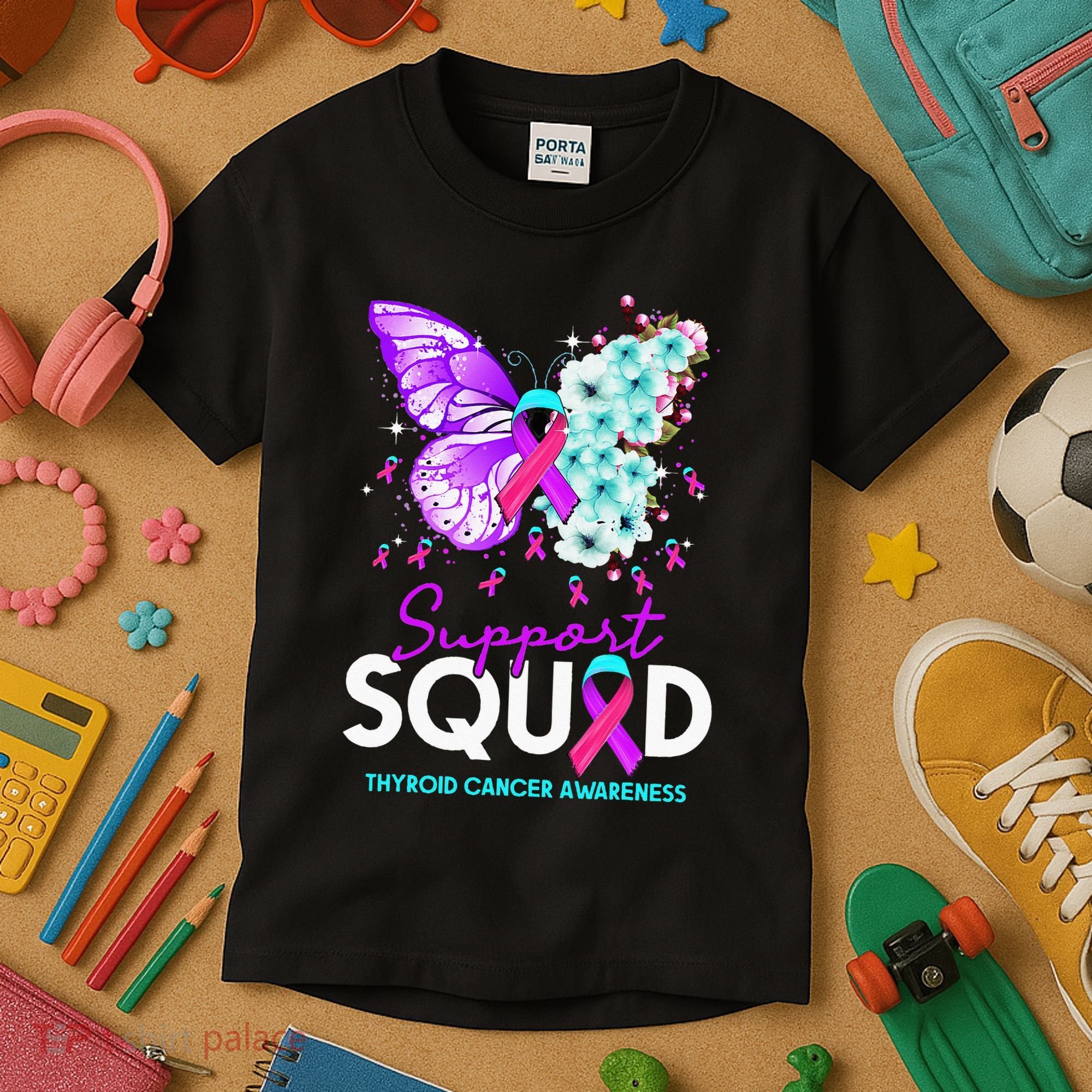 Support Squad Butterfly Teal Pink Ribbon Thyroid Cancer Kids T-Shirt