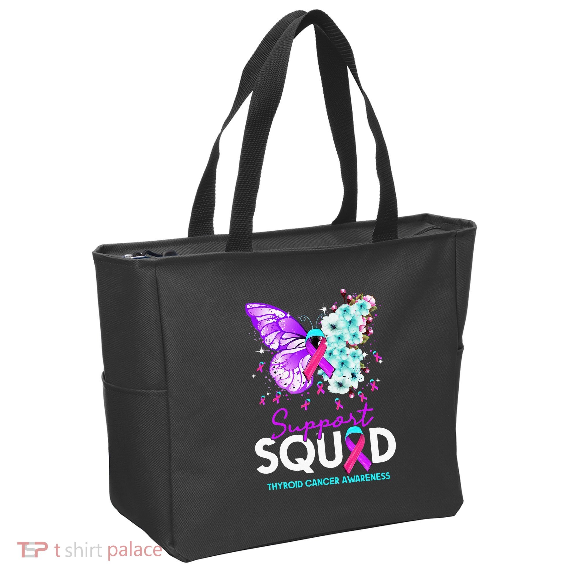 Support Squad Butterfly Teal Pink Ribbon Thyroid Cancer Tote Bag