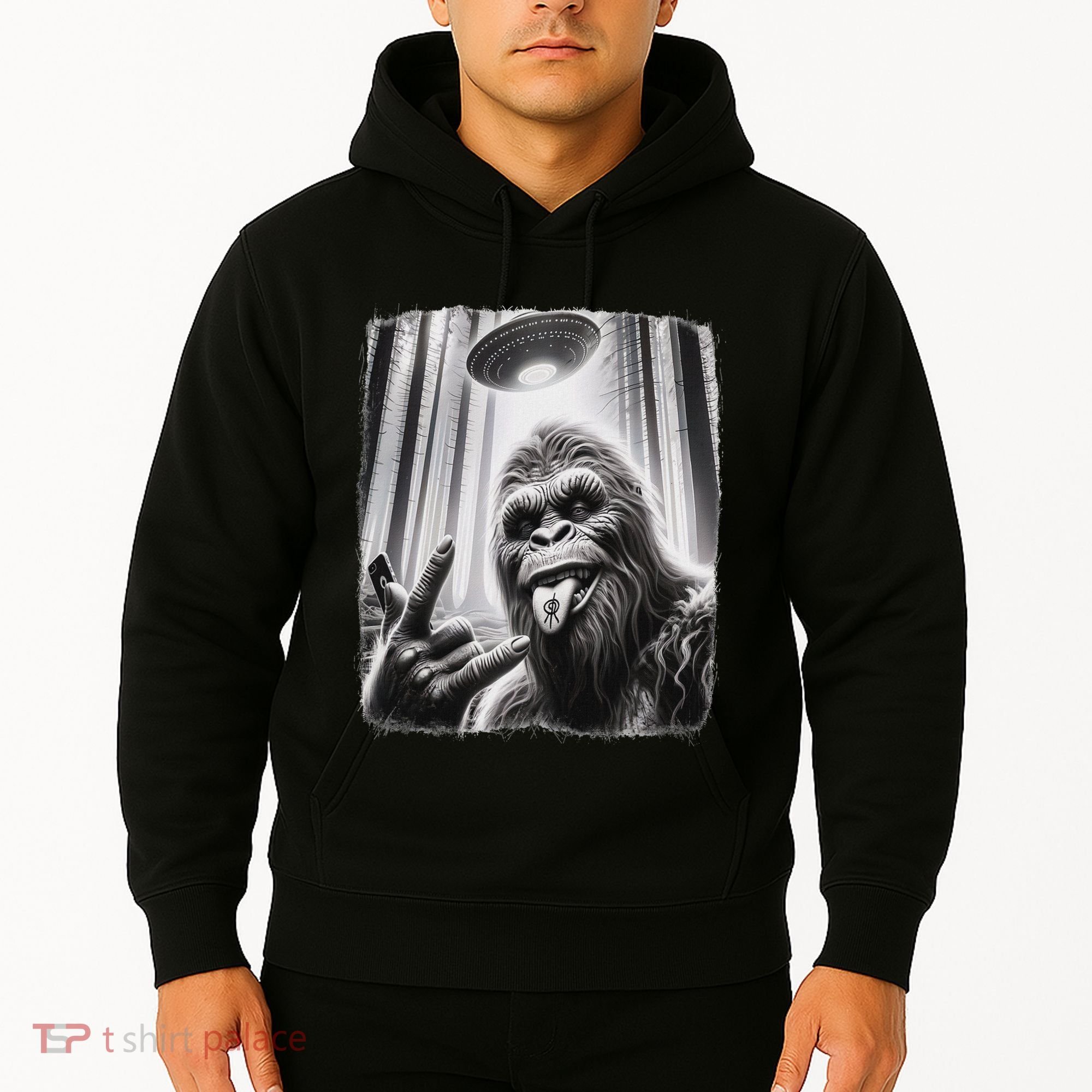 Sasquatch Selfie Big Foot Rock On Ufo Alien Hoodie