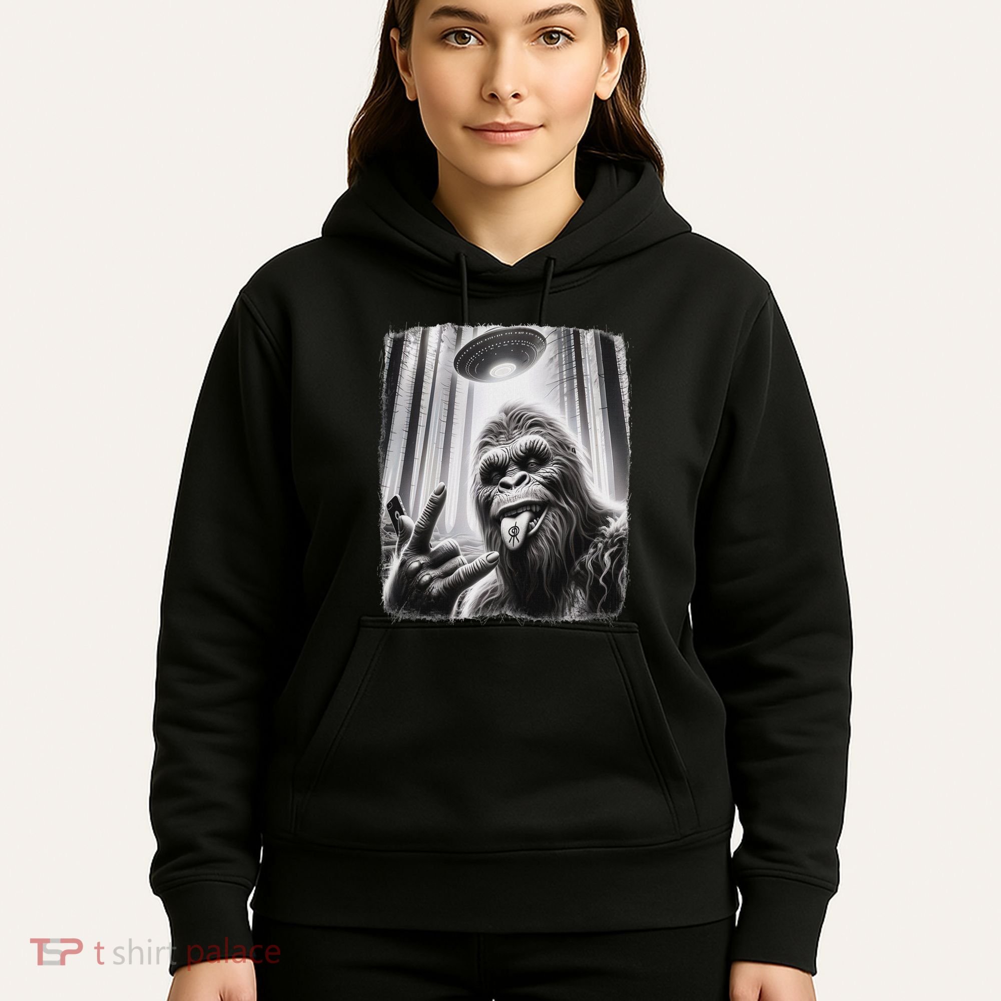 Sasquatch Selfie Big Foot Rock On Ufo Alien Hoodie