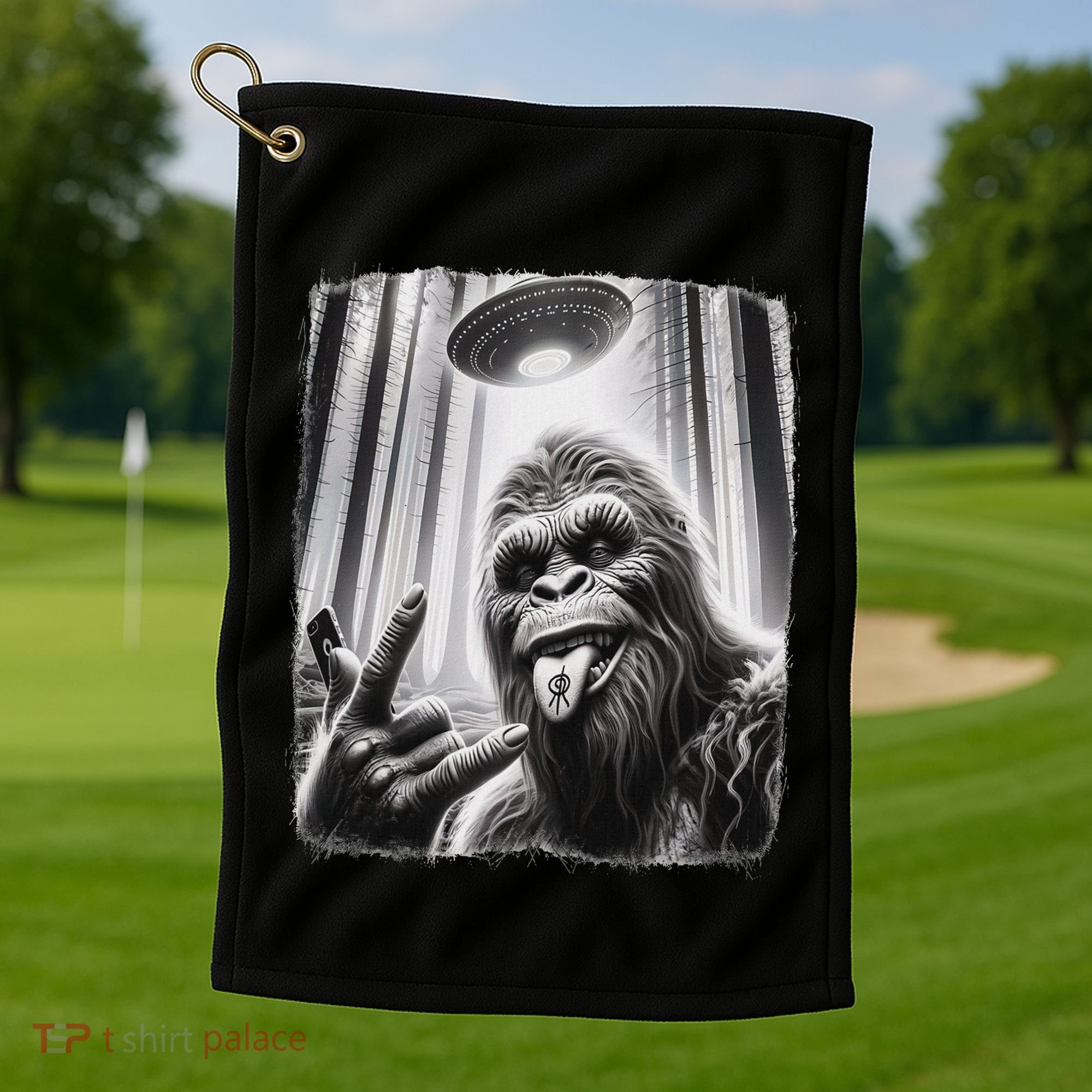 Sasquatch Selfie Big Foot Rock On Ufo Alien Golf Towel
