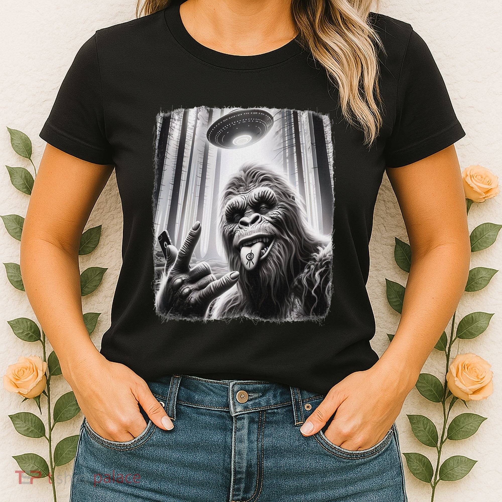 Sasquatch Selfie Big Foot Rock On Ufo Alien Women's T-Shirt