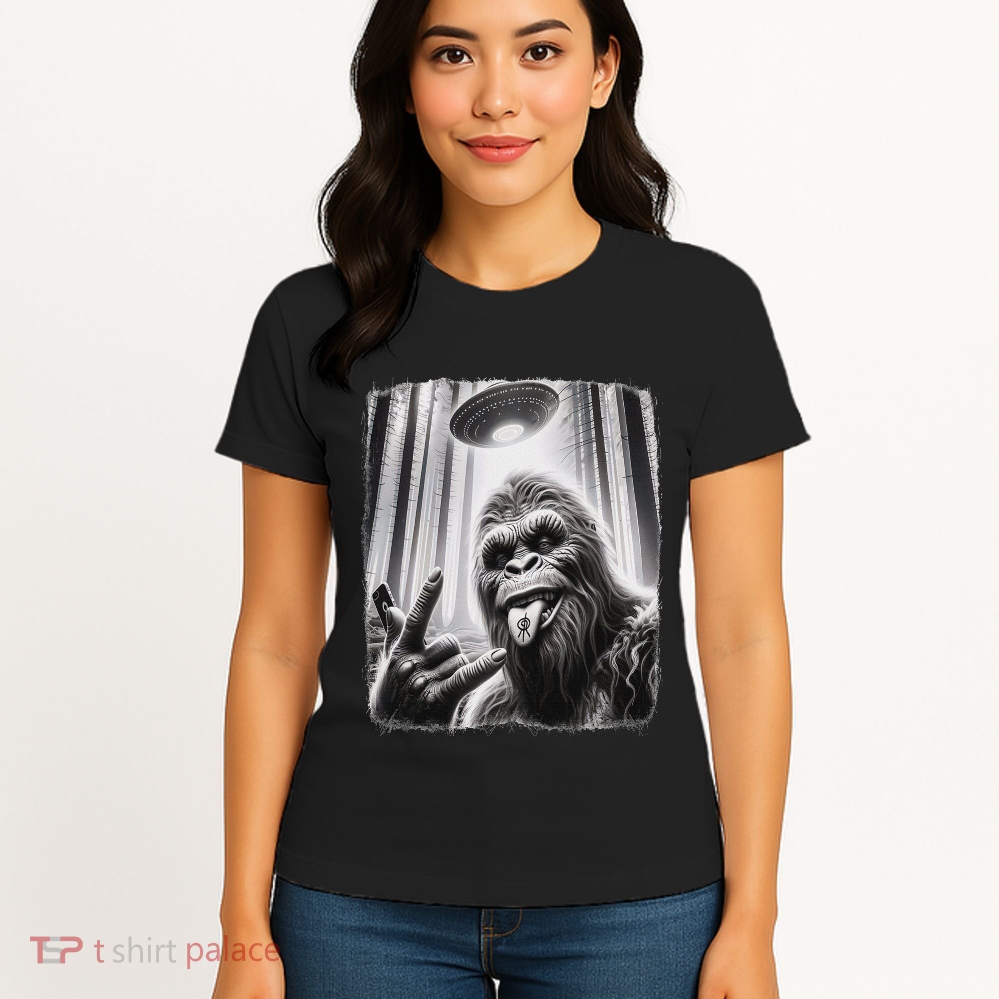 Sasquatch Selfie Big Foot Rock On Ufo Alien Women's T-Shirt