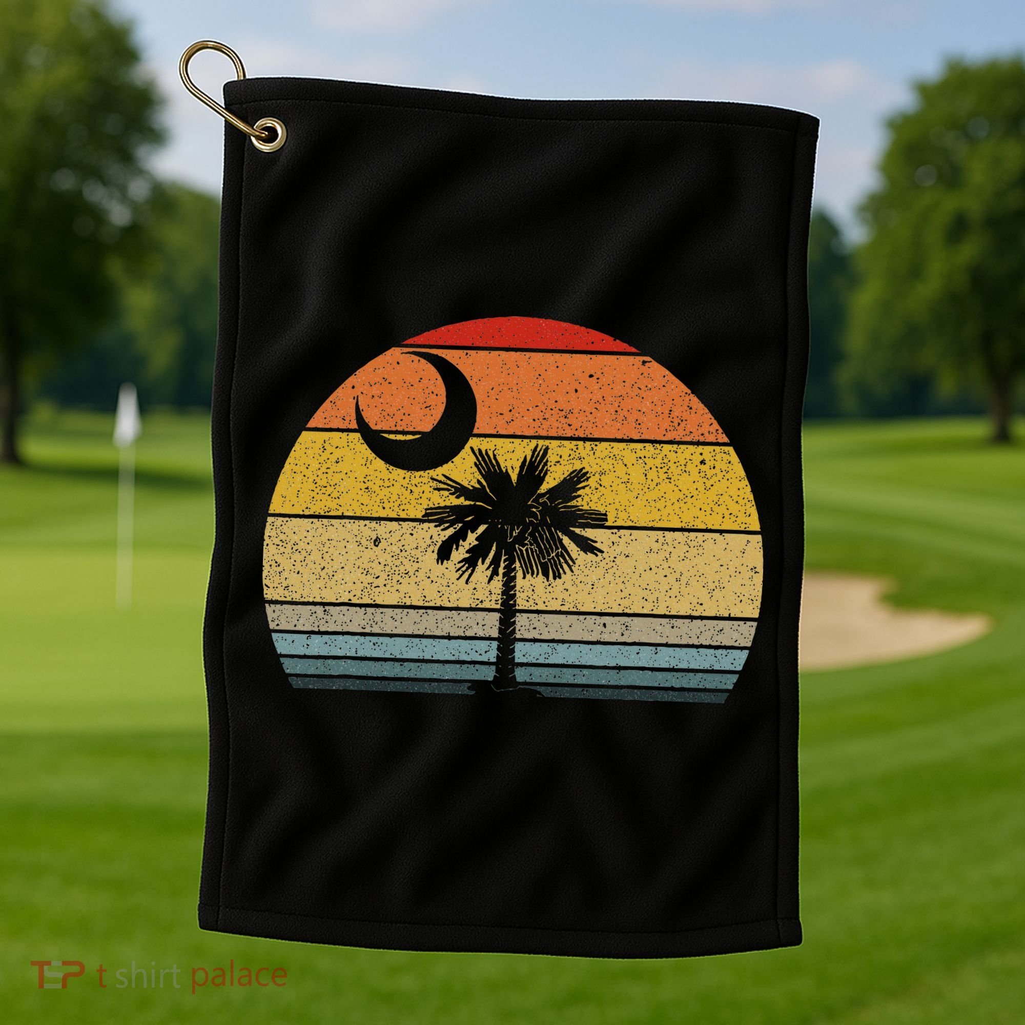 Sunset South Carolina Flag Palmetto Tree Crescent Moon Golf Towel