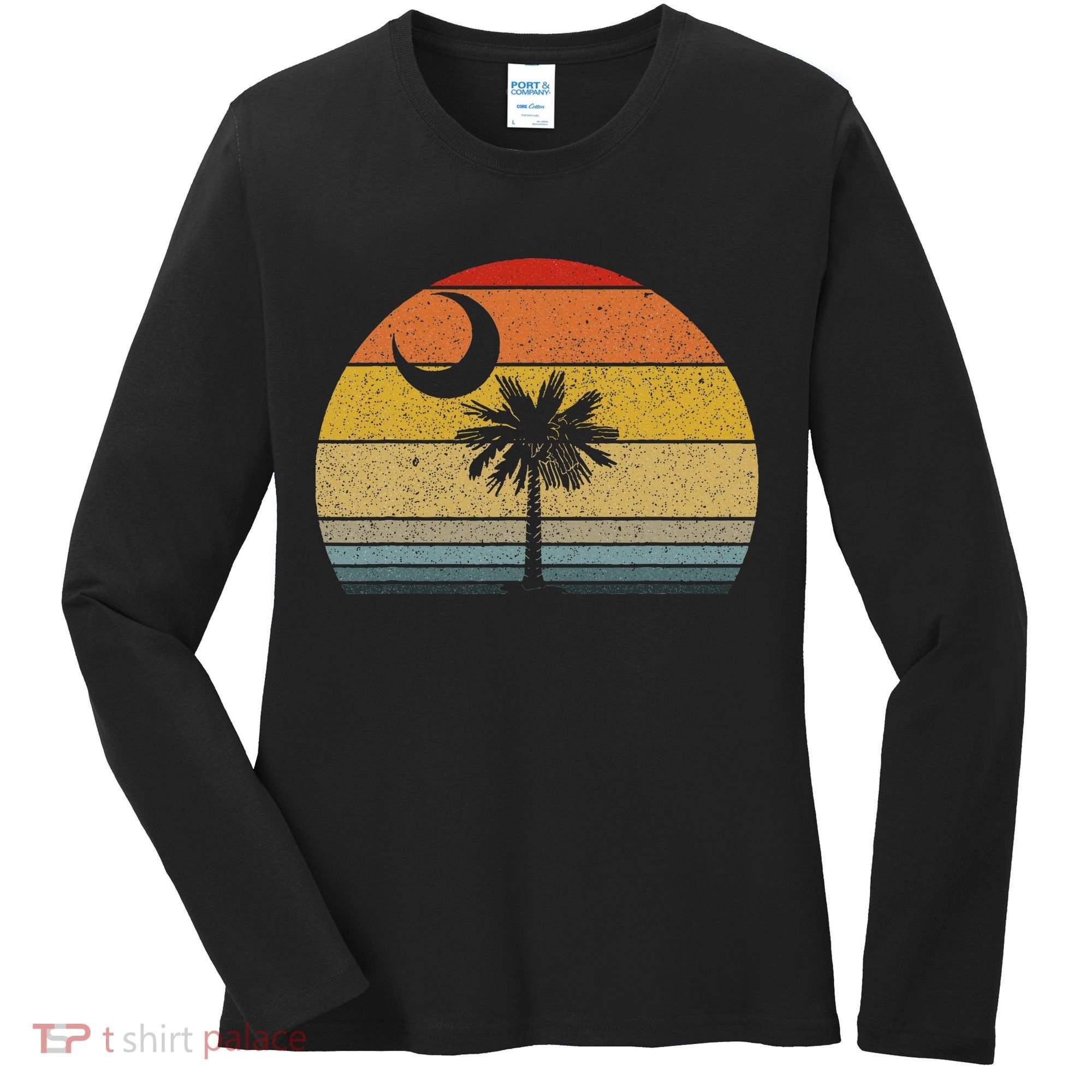 Sunset South Carolina Flag Palmetto Tree Crescent Moon Women's Long Sleeve Shirt