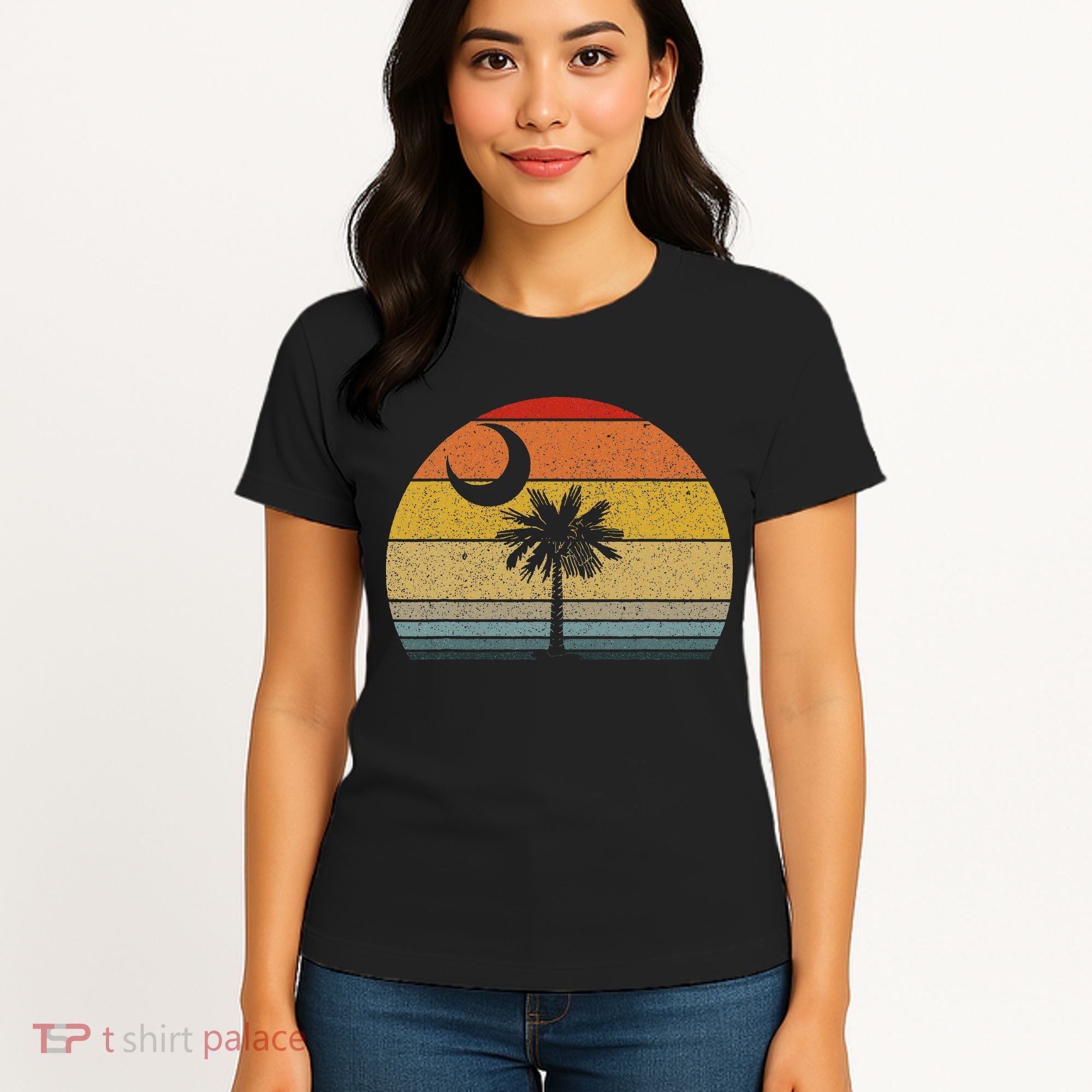Sunset South Carolina Flag Palmetto Tree Crescent Moon Women's T-Shirt