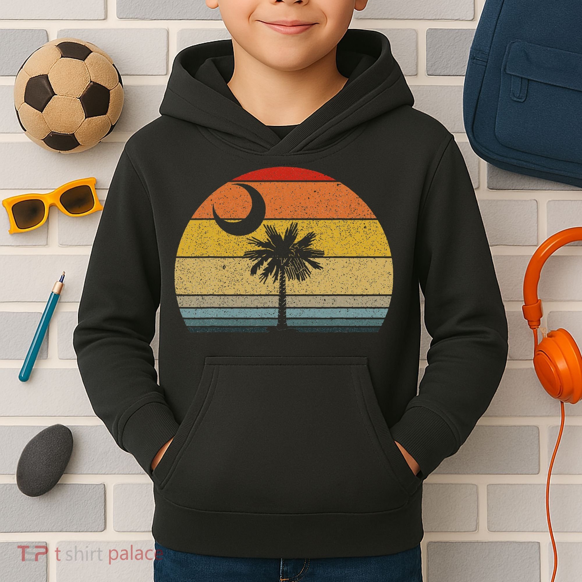 Sunset South Carolina Flag Palmetto Tree Crescent Moon Kids Hoodie