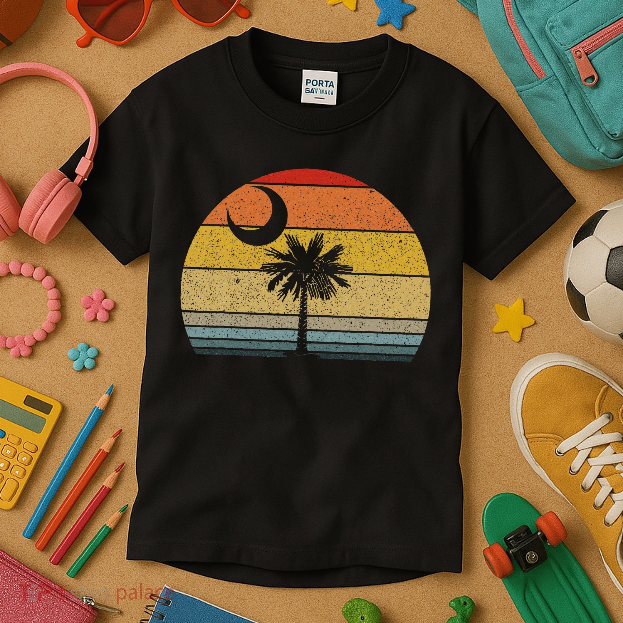 Sunset South Carolina Flag Palmetto Tree Crescent Moon Kids T-Shirt
