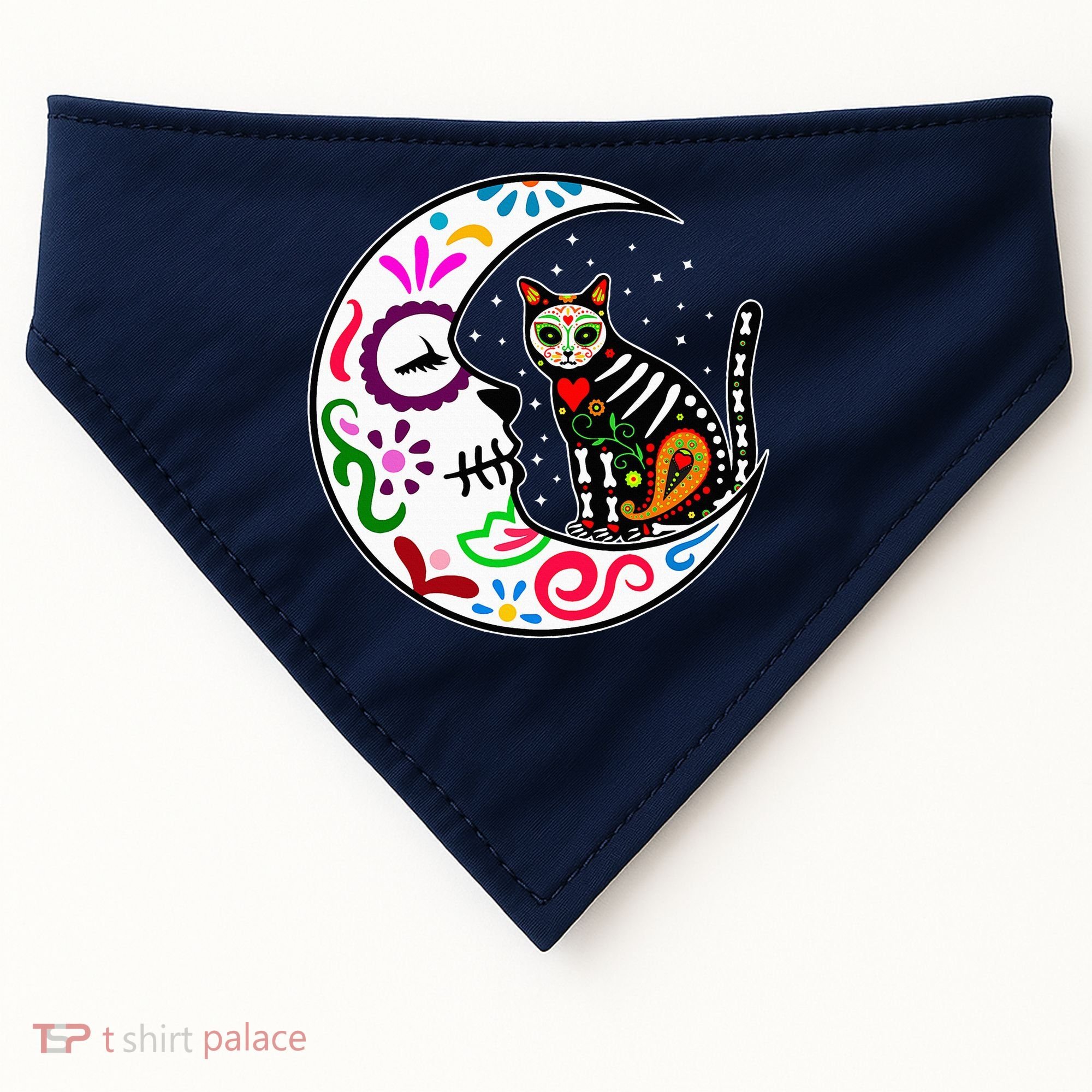 Sugar Skull Cat Moon Dia De Los Muertos Mexican USA-Made Doggie Bandana