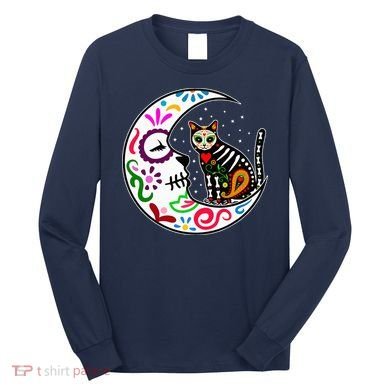 Sugar Skull Cat Moon Dia De Los Muertos Mexican Long Sleeve Shirt