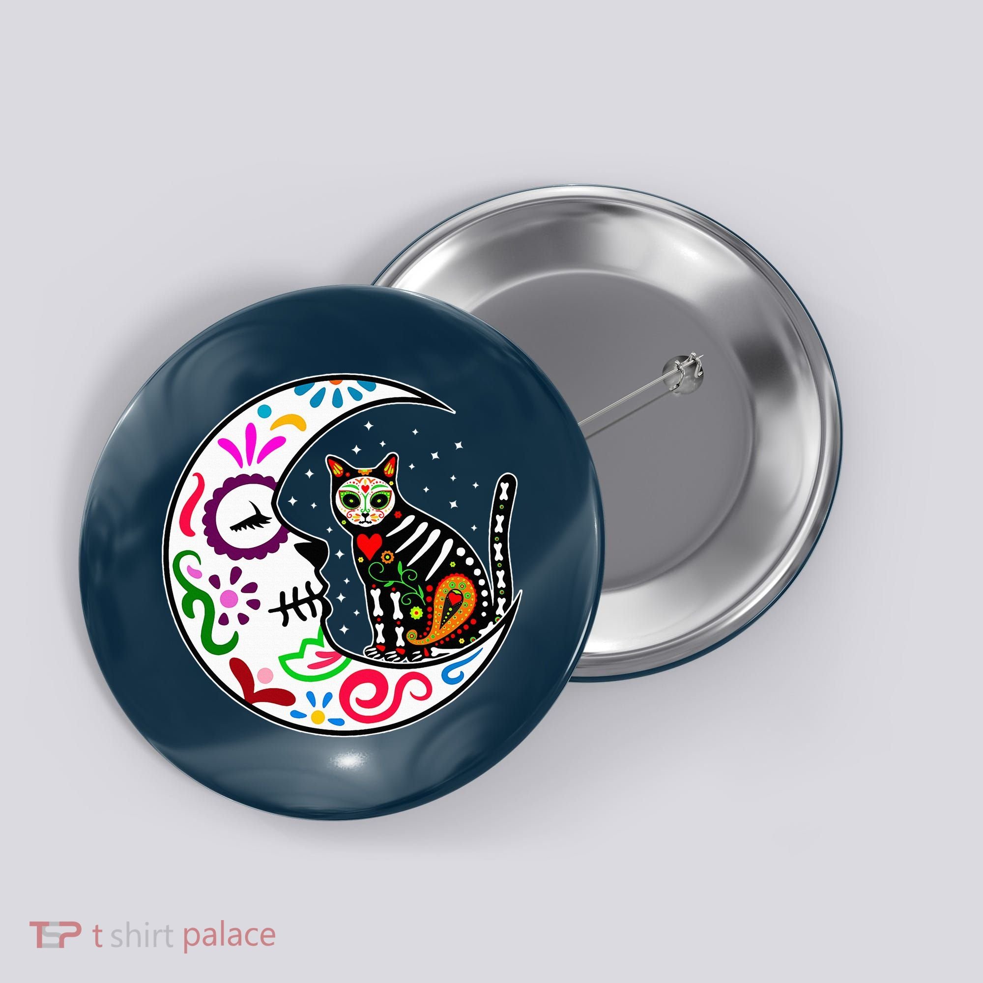 Sugar Skull Cat Moon Dia De Los Muertos Mexican Button