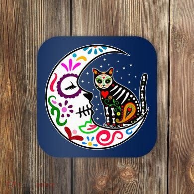 Sugar Skull Cat Moon Dia De Los Muertos Mexican Coaster