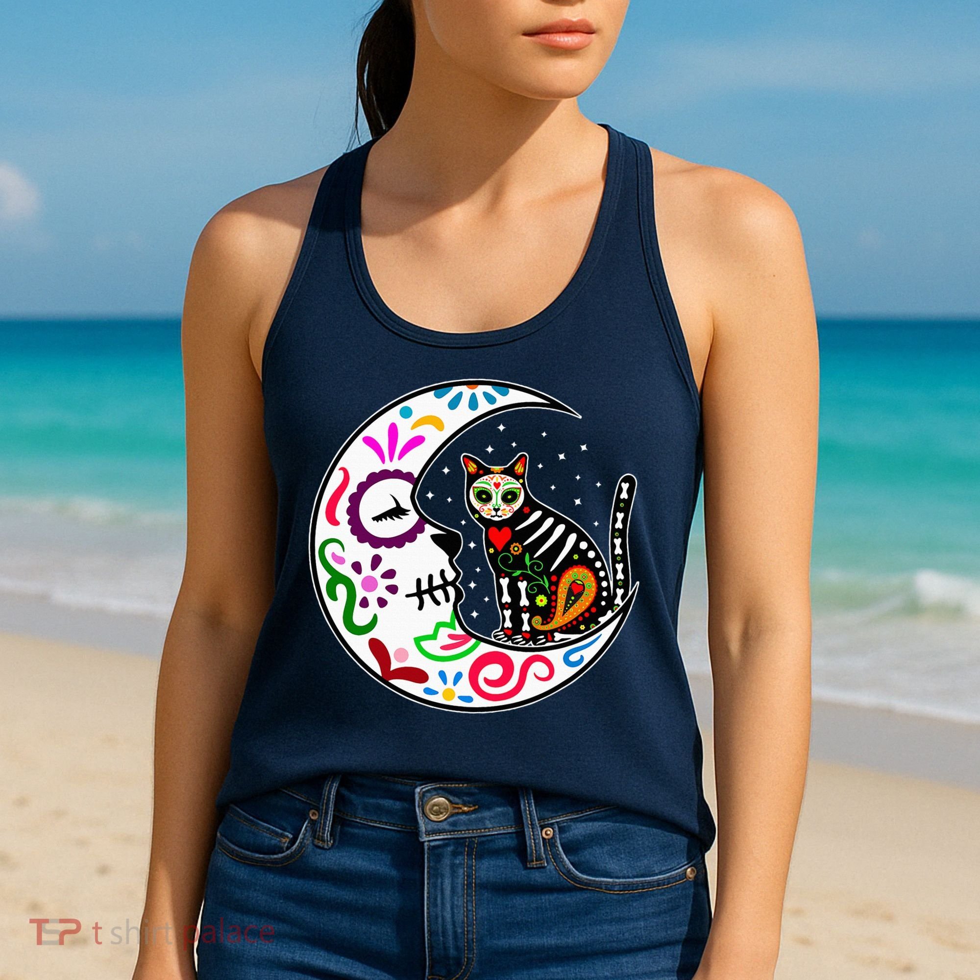 Sugar Skull Cat Moon Dia De Los Muertos Mexican Women's Tank Top