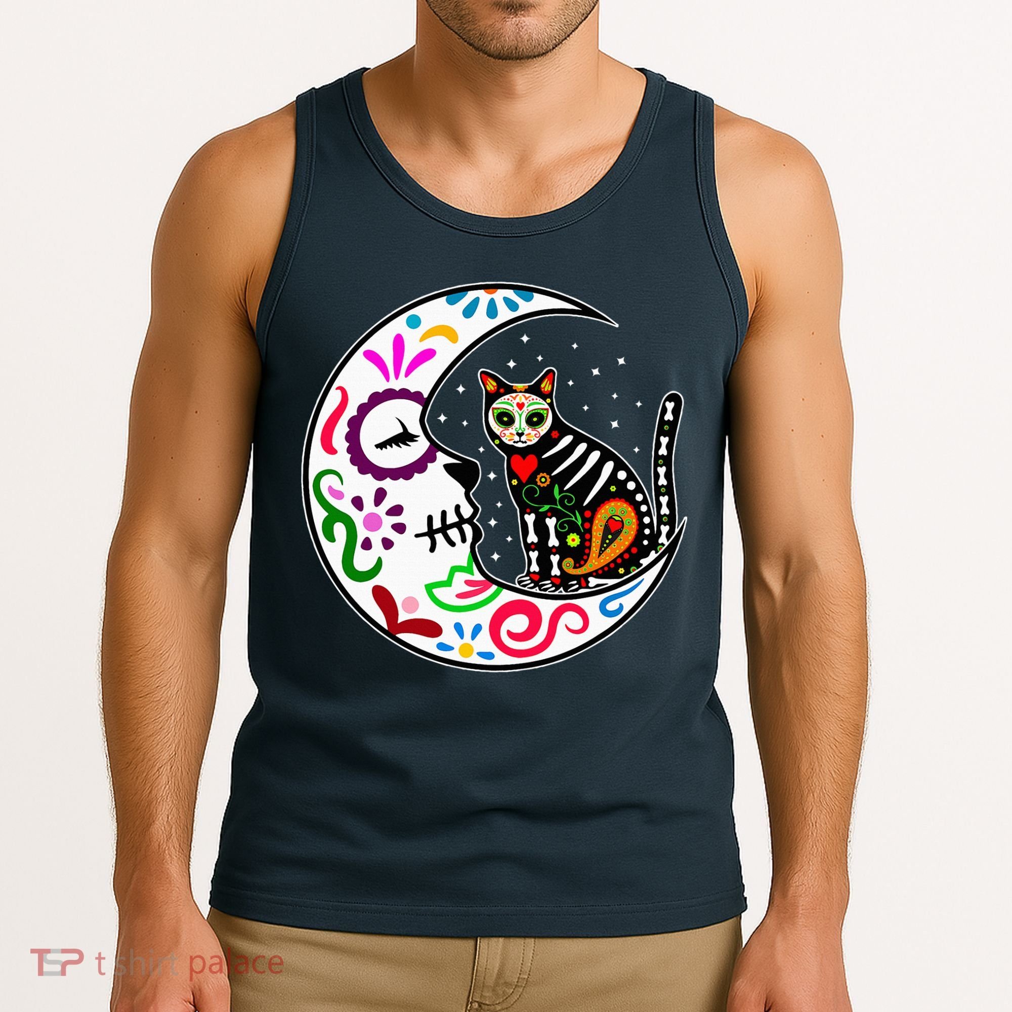 Sugar Skull Cat Moon Dia De Los Muertos Mexican Tank Top