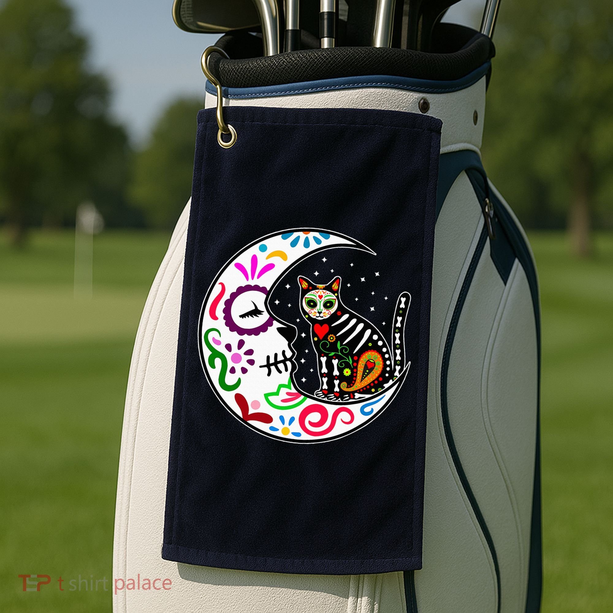 Sugar Skull Cat Moon Dia De Los Muertos Mexican Golf Towel