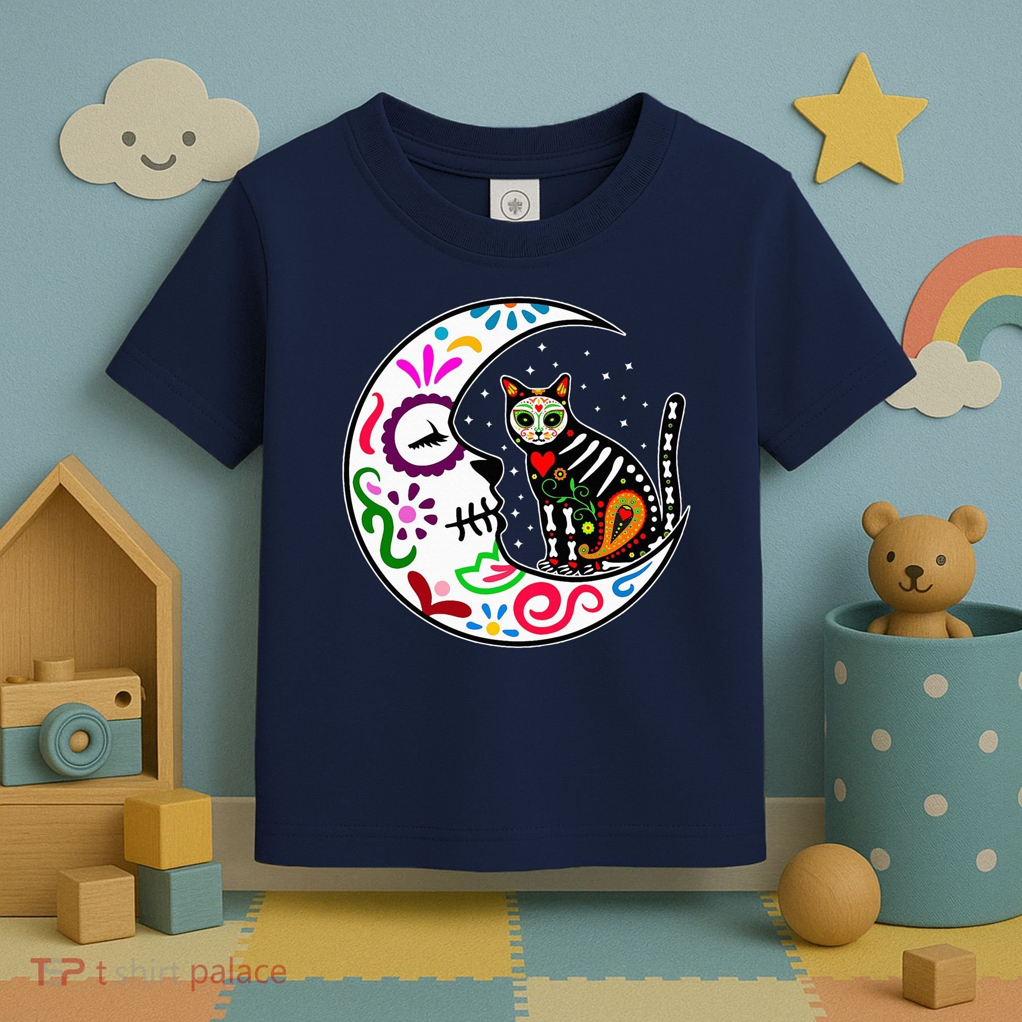 Sugar Skull Cat Moon Dia De Los Muertos Mexican Toddler T-Shirt