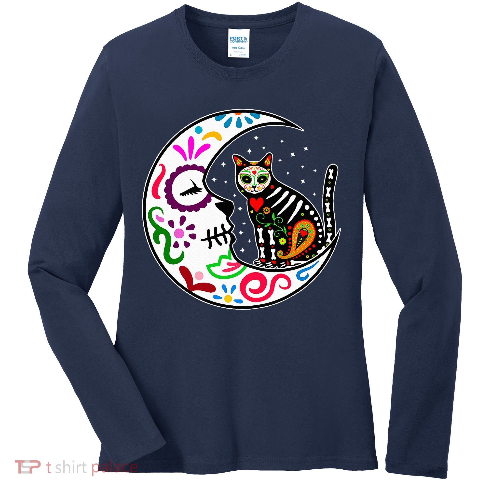 Sugar Skull Cat Moon Dia De Los Muertos Mexican Women's Long Sleeve Shirt