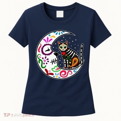 Sugar Skull Cat Moon Dia De Los Muertos Mexican Women's T-Shirt